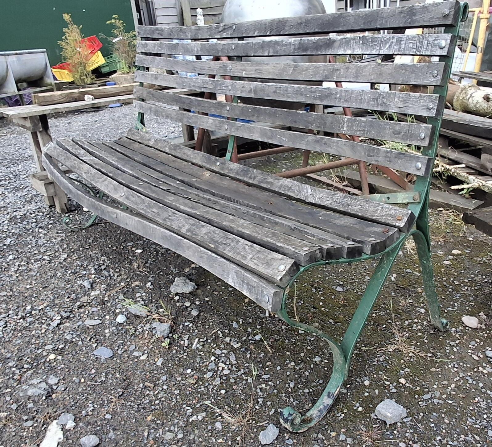 Vintage Wrought Iron Green Garden or Park Bench with Wood Slats