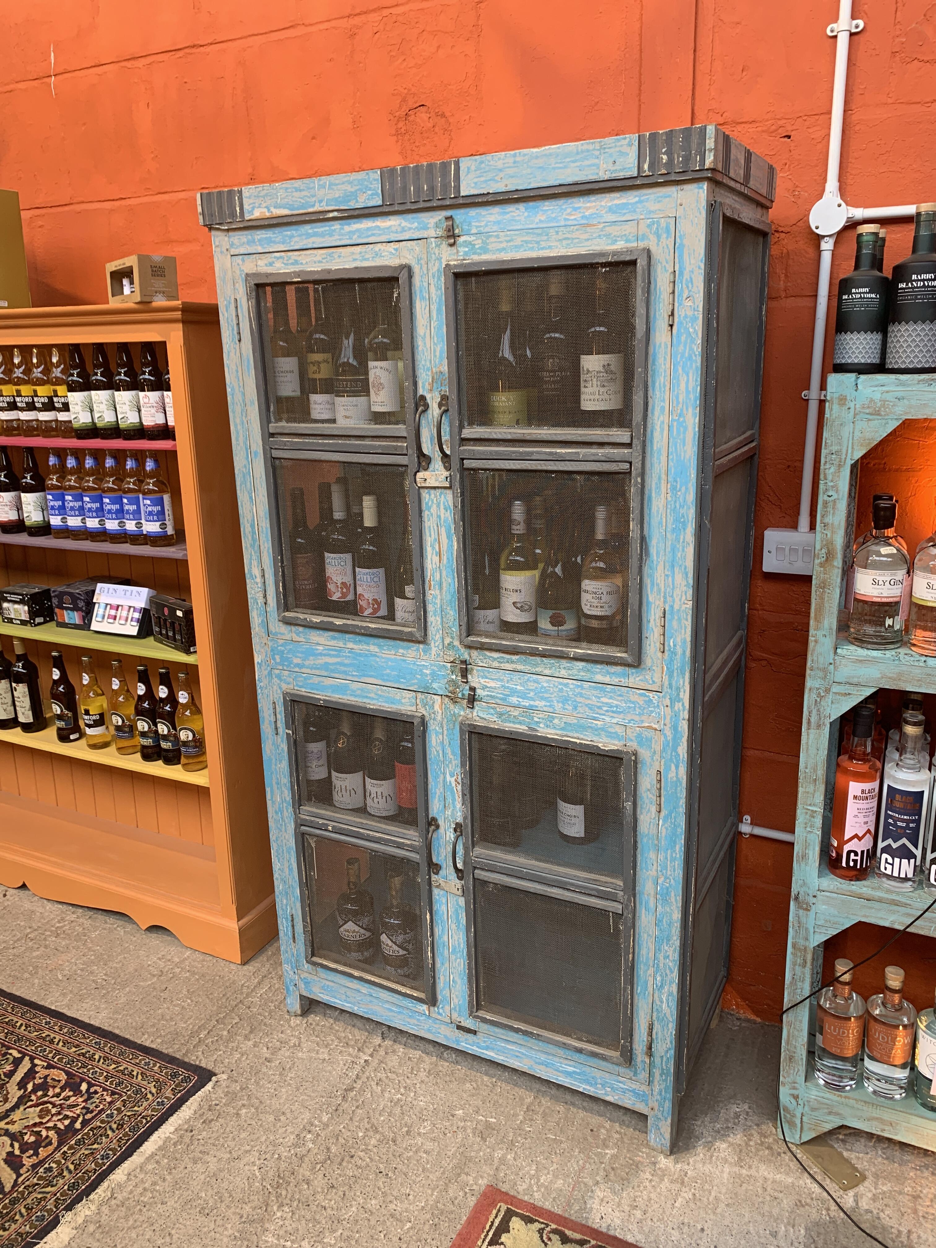 Reclaimed Large Blue Cupboard with Mesh Doors - contents not included