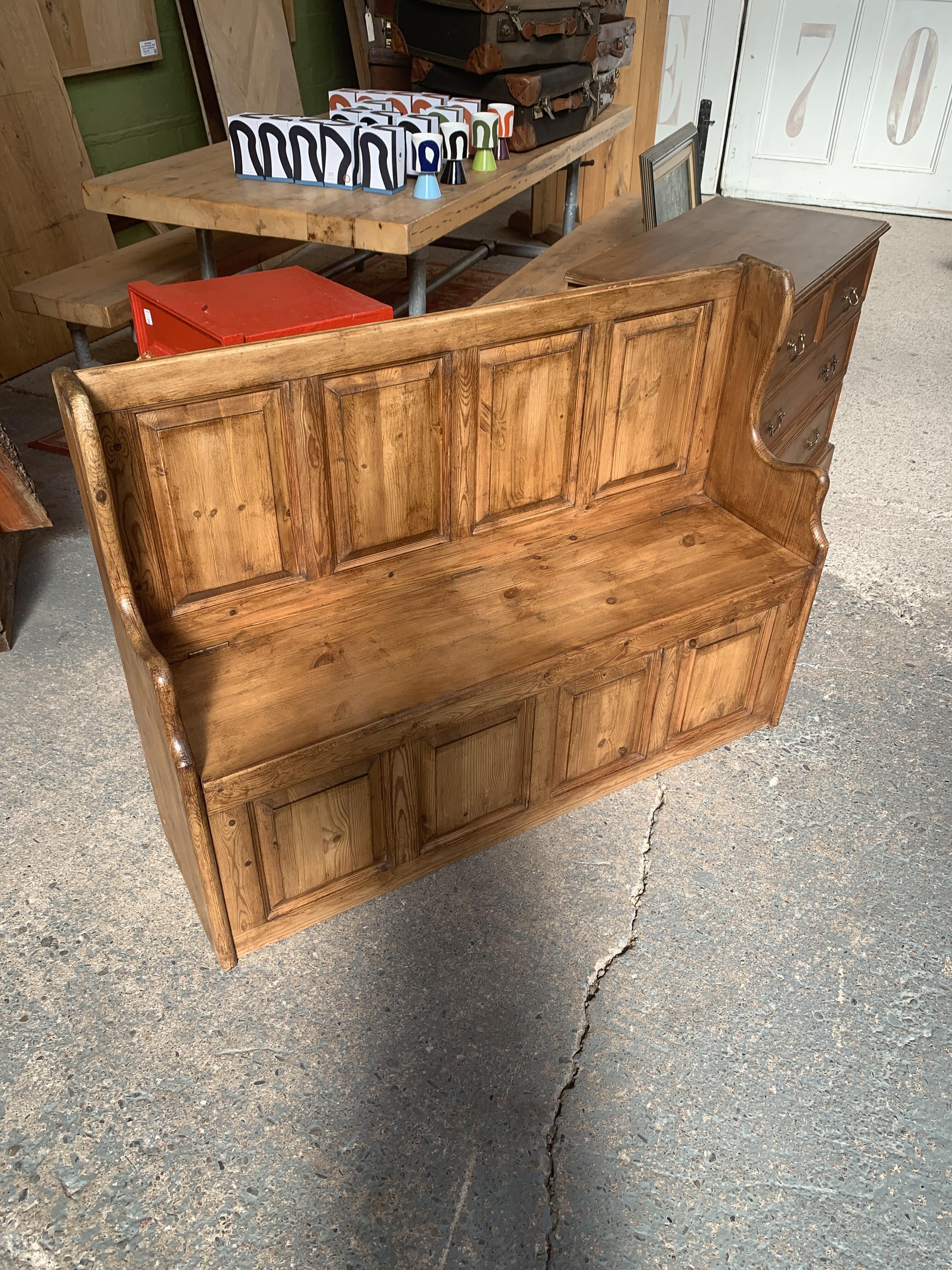 Vintage Pine Monk's Bench with Lift-Up Seat