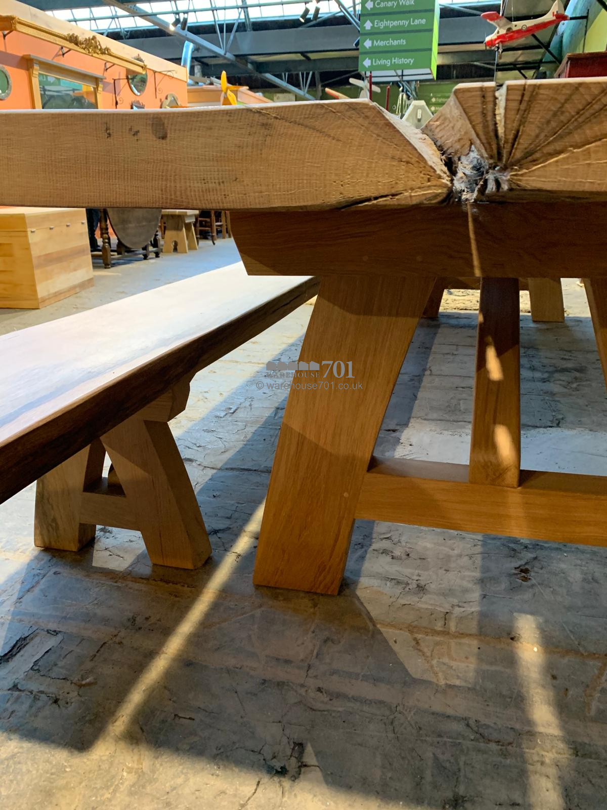 701 Original 3.5m single oak slab table with matching bench