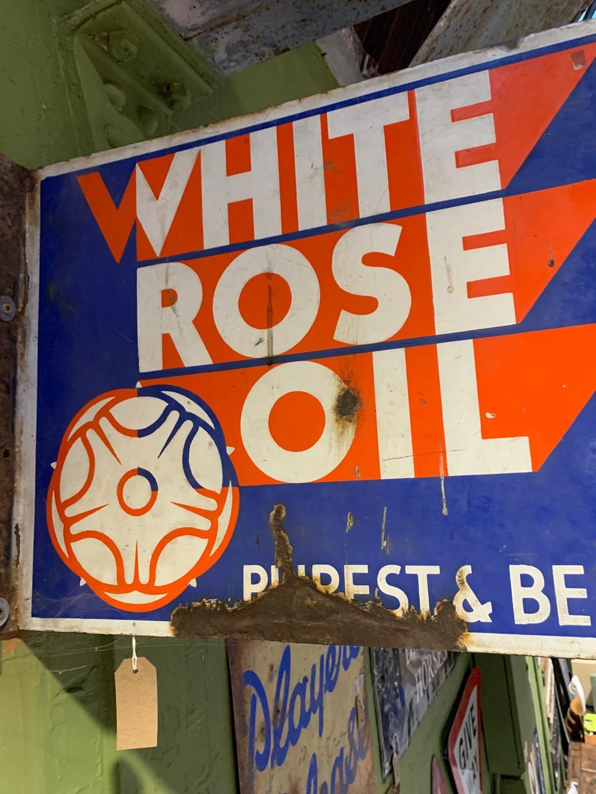Metal white rose oil sign