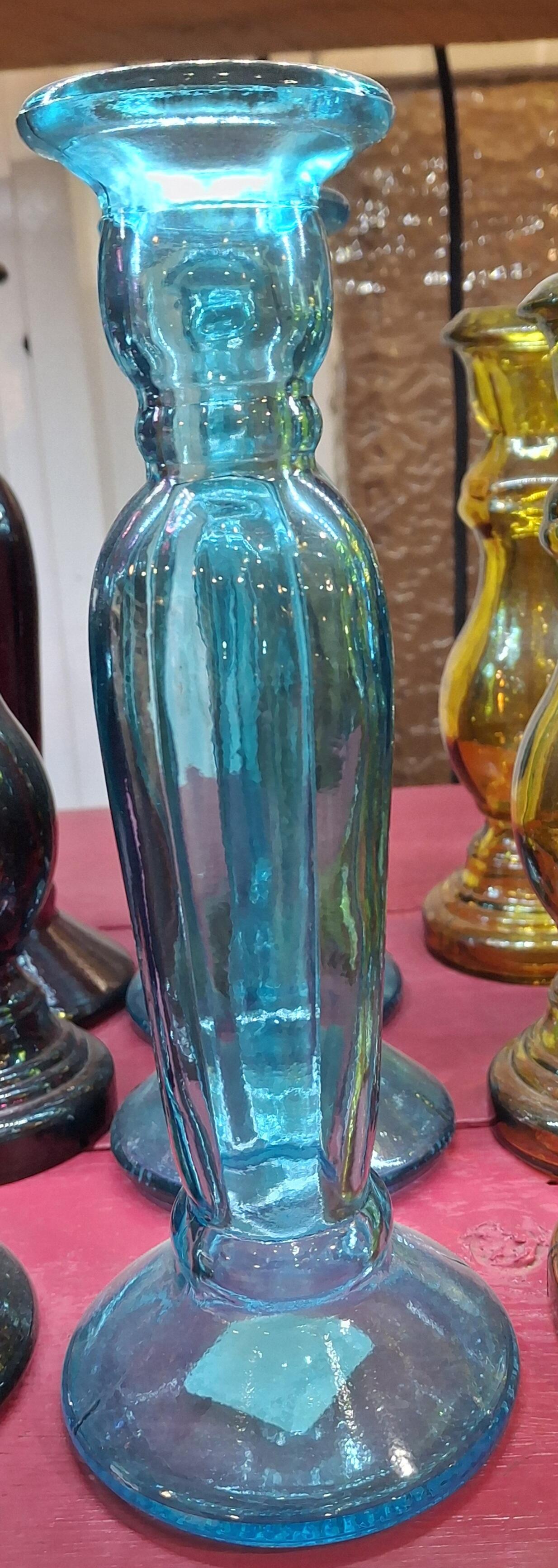 Vintage Aqua Blue Glass Candlestick, 22cm