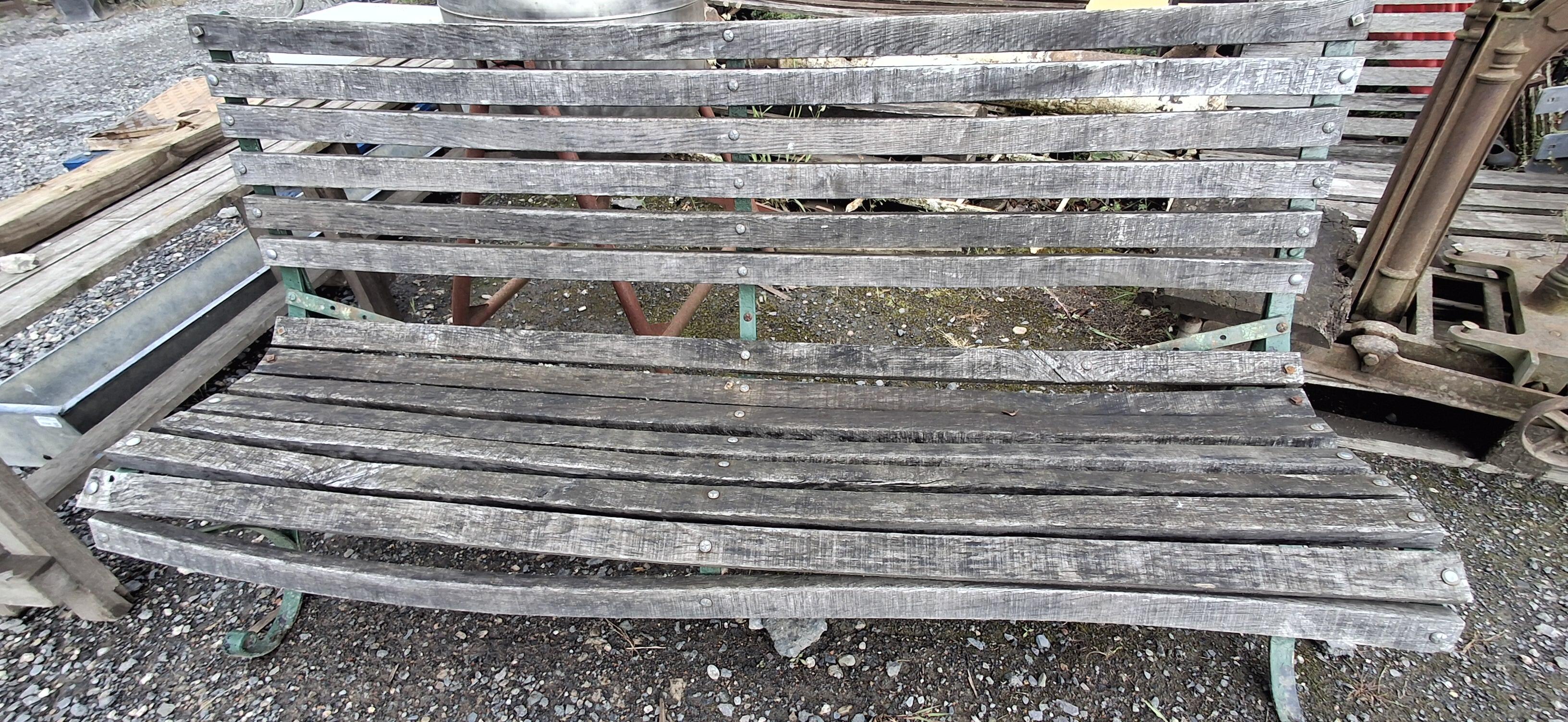 Vintage Wrought Iron Green Garden or Park Bench with Wood Slats