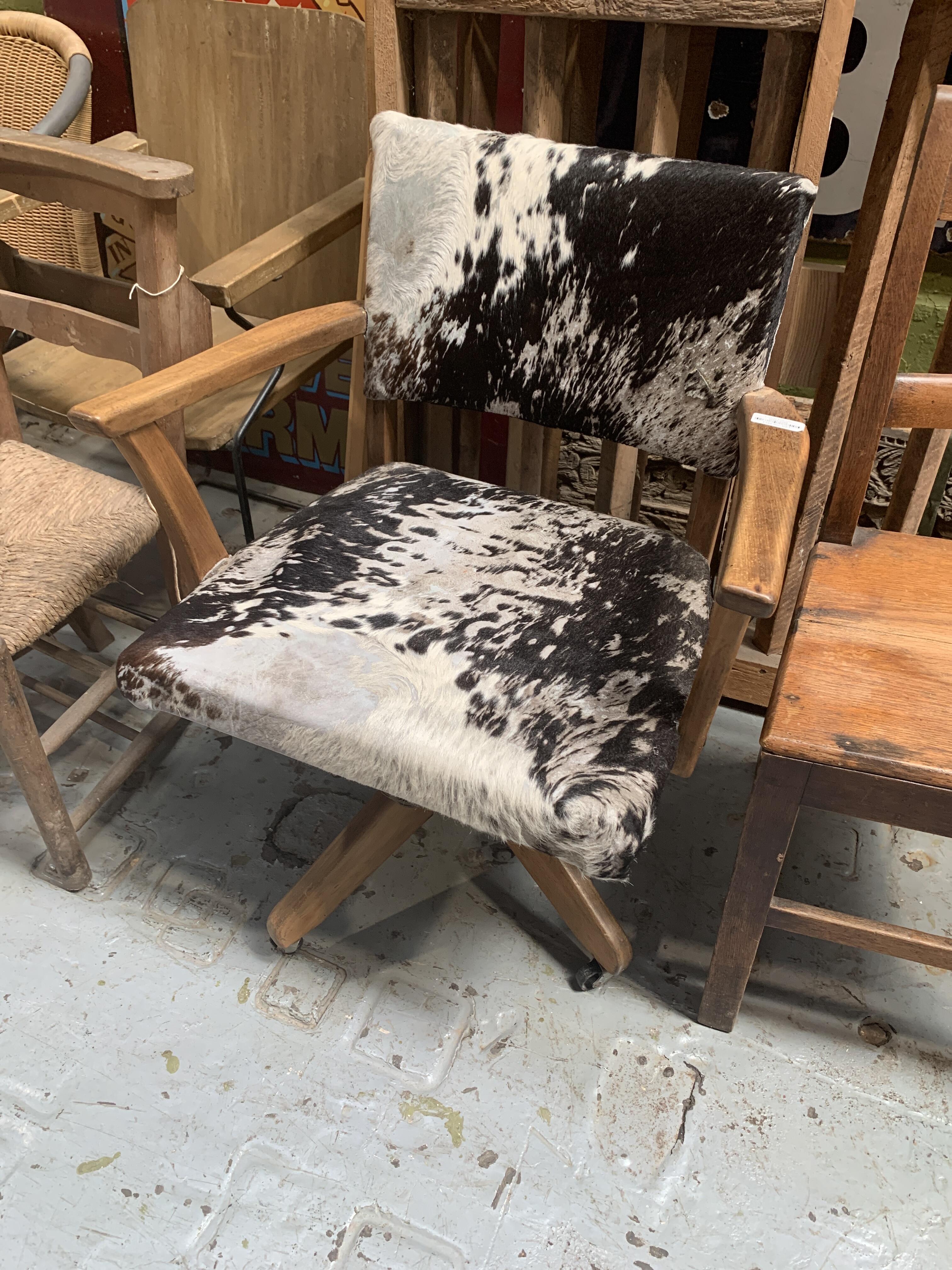 Mid C20th Oak Swivel Desk Chair with Cowhide Upholstery