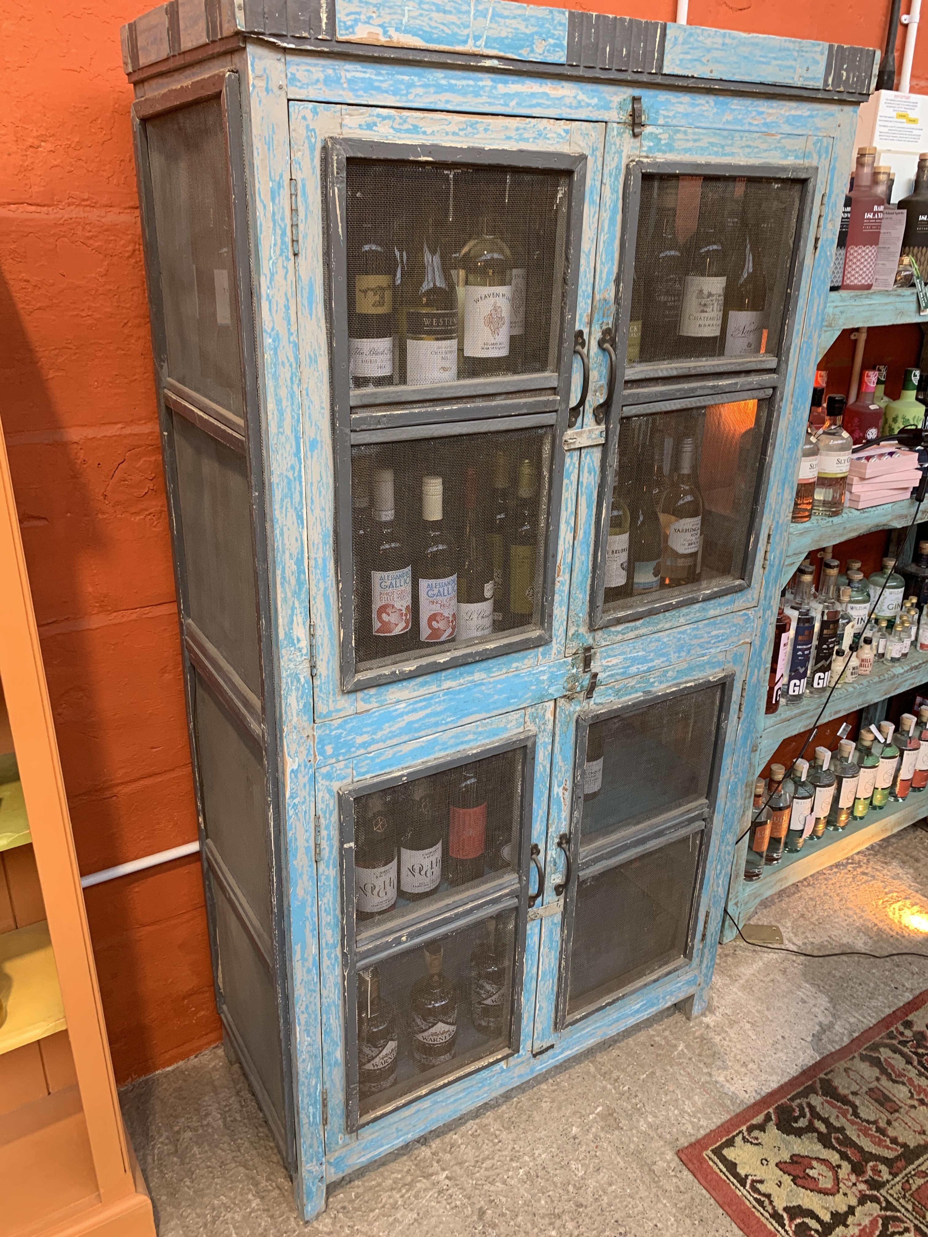 Reclaimed Large Blue Cupboard with Mesh Doors - contents not included