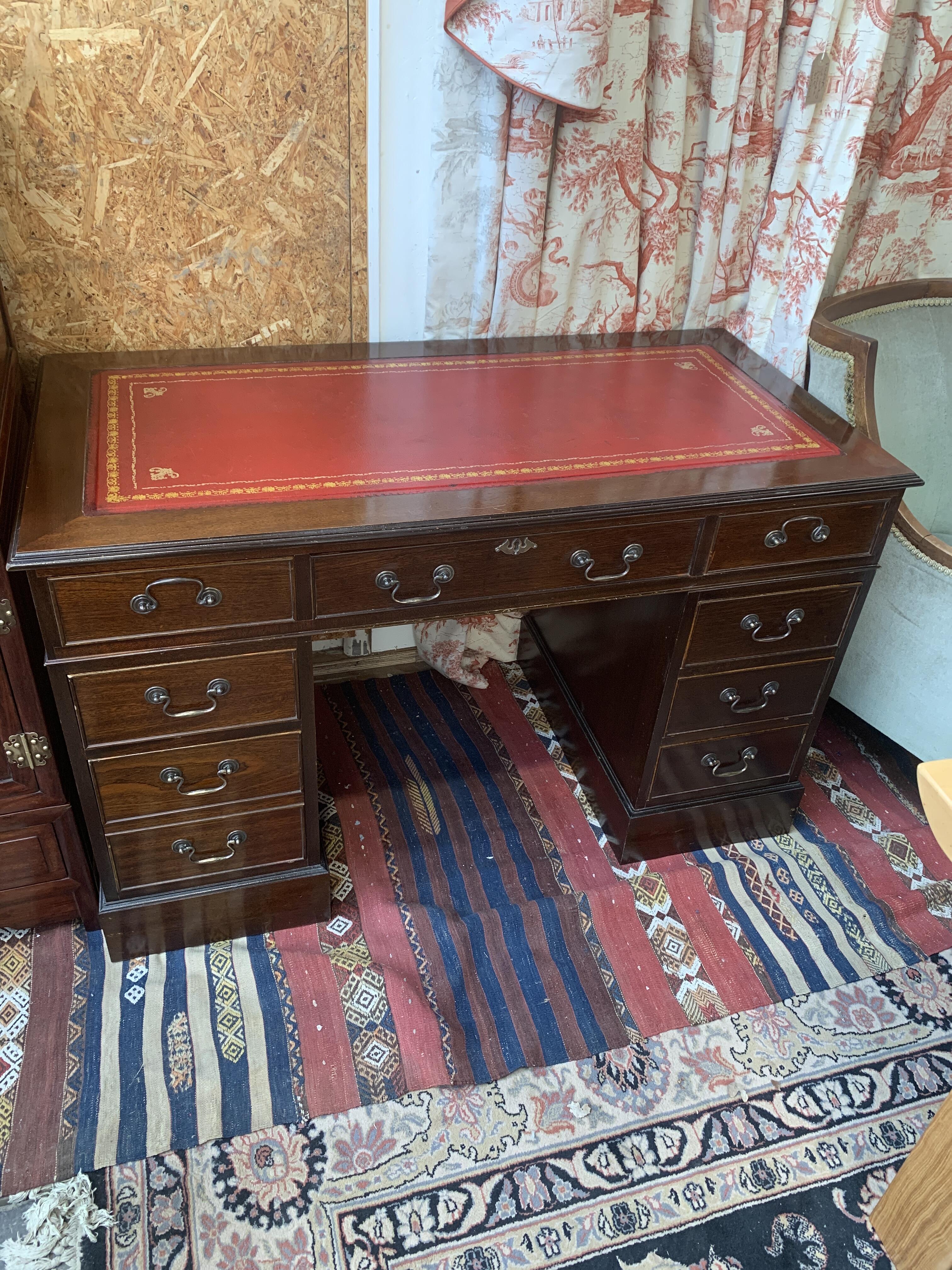 Vintage Mahogany Twin Pedestal Desk with Red Leather Top