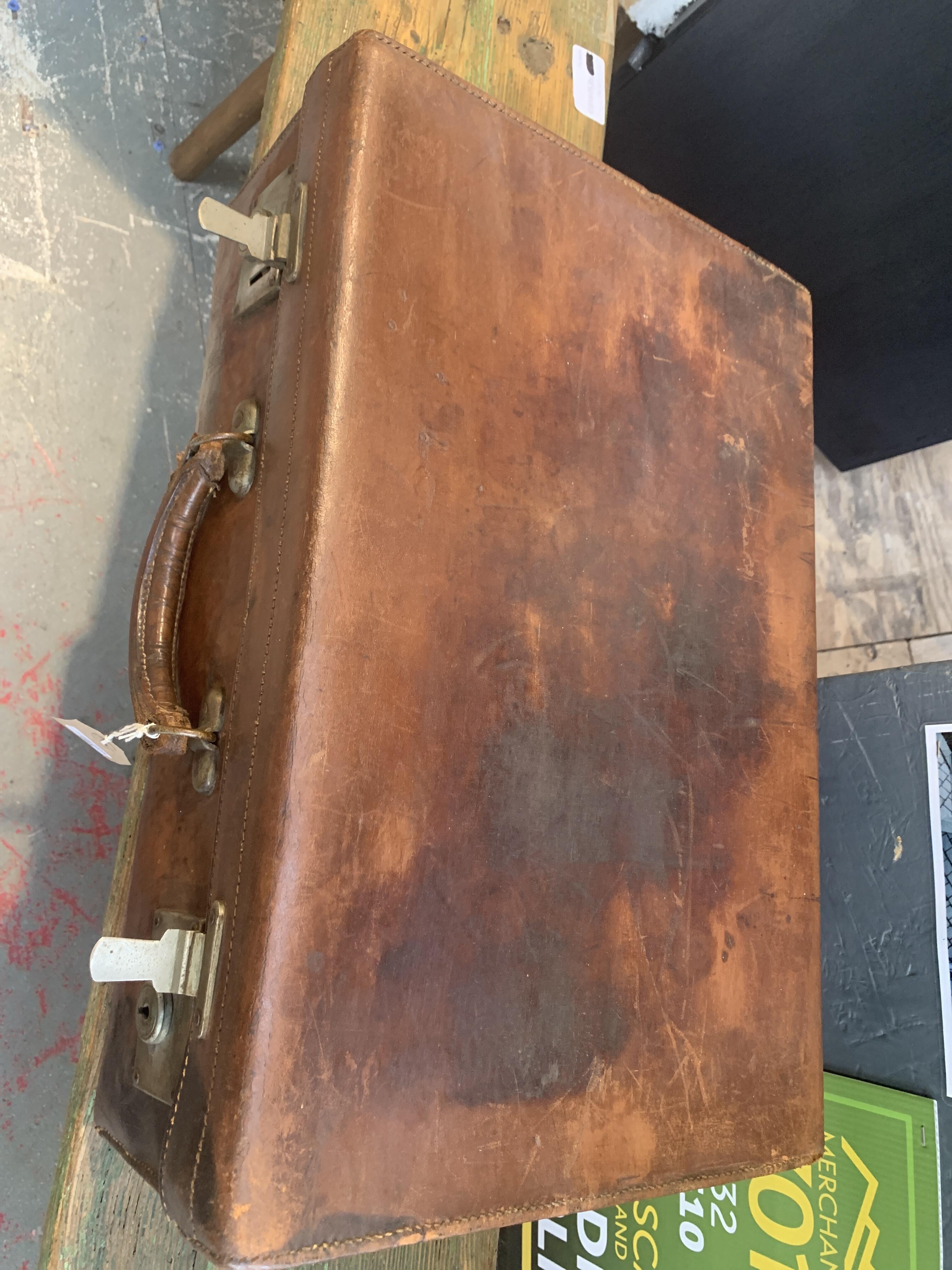 Vintage Leather Suitcase with Blue Silk Lining & Key