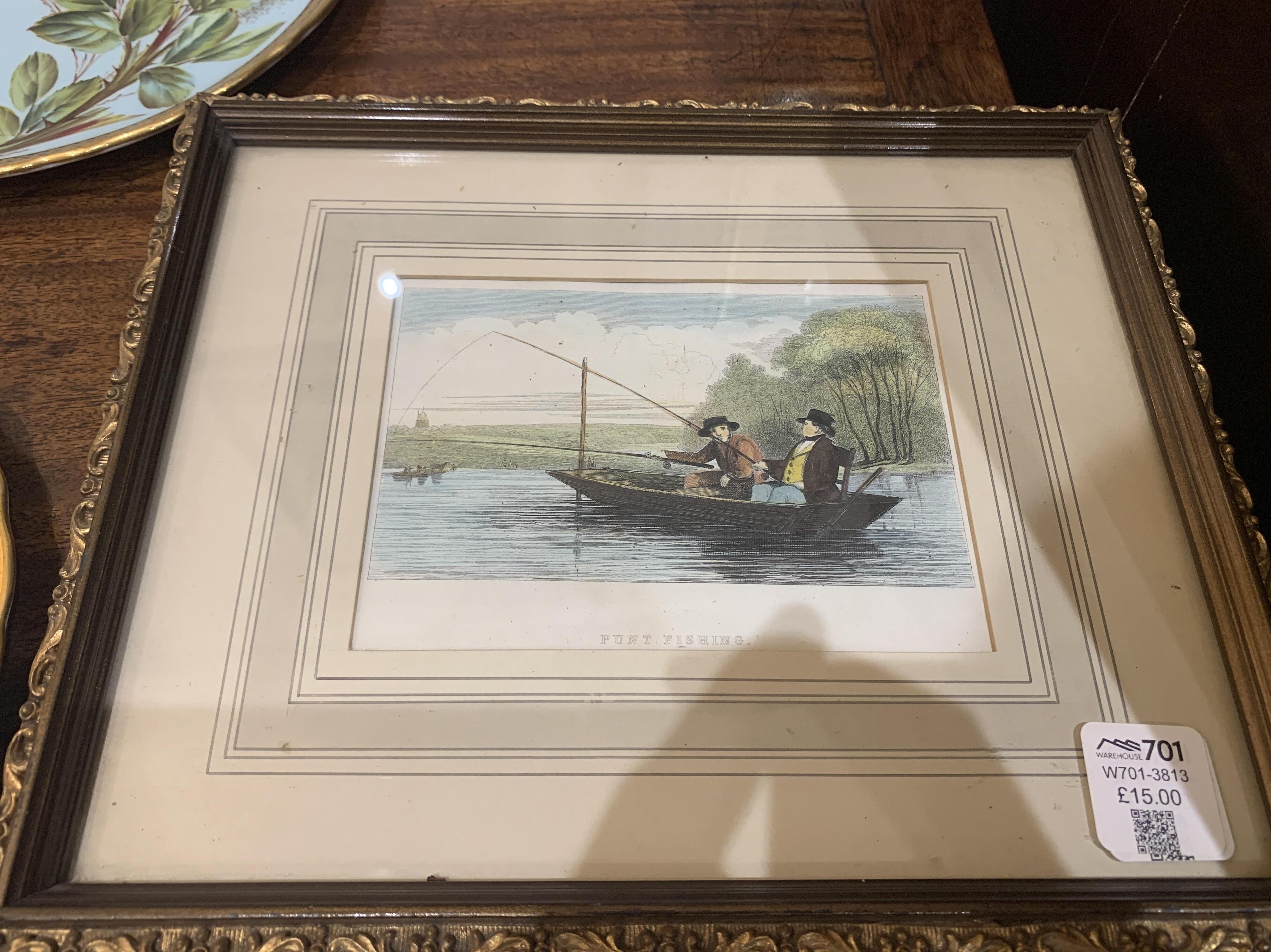 Antique Framed Fishing Print 26x21 cm