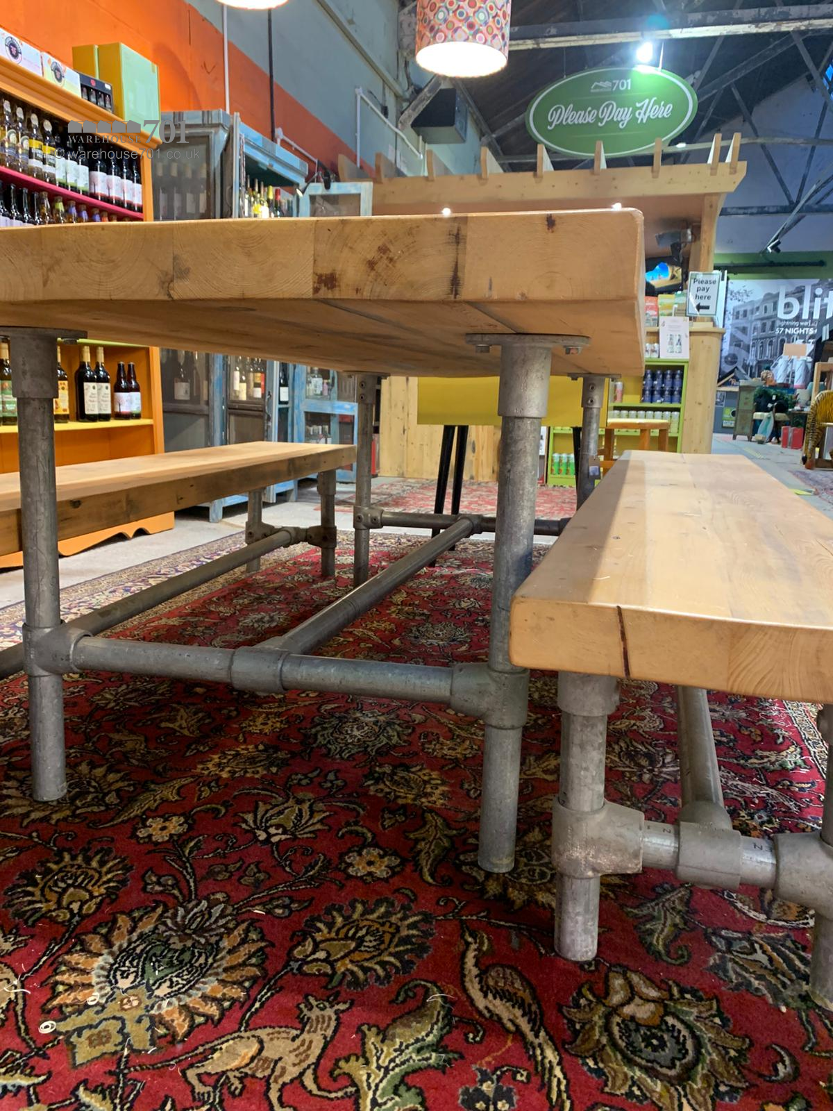 701 Original Large wooden table and benches with scaffold legs