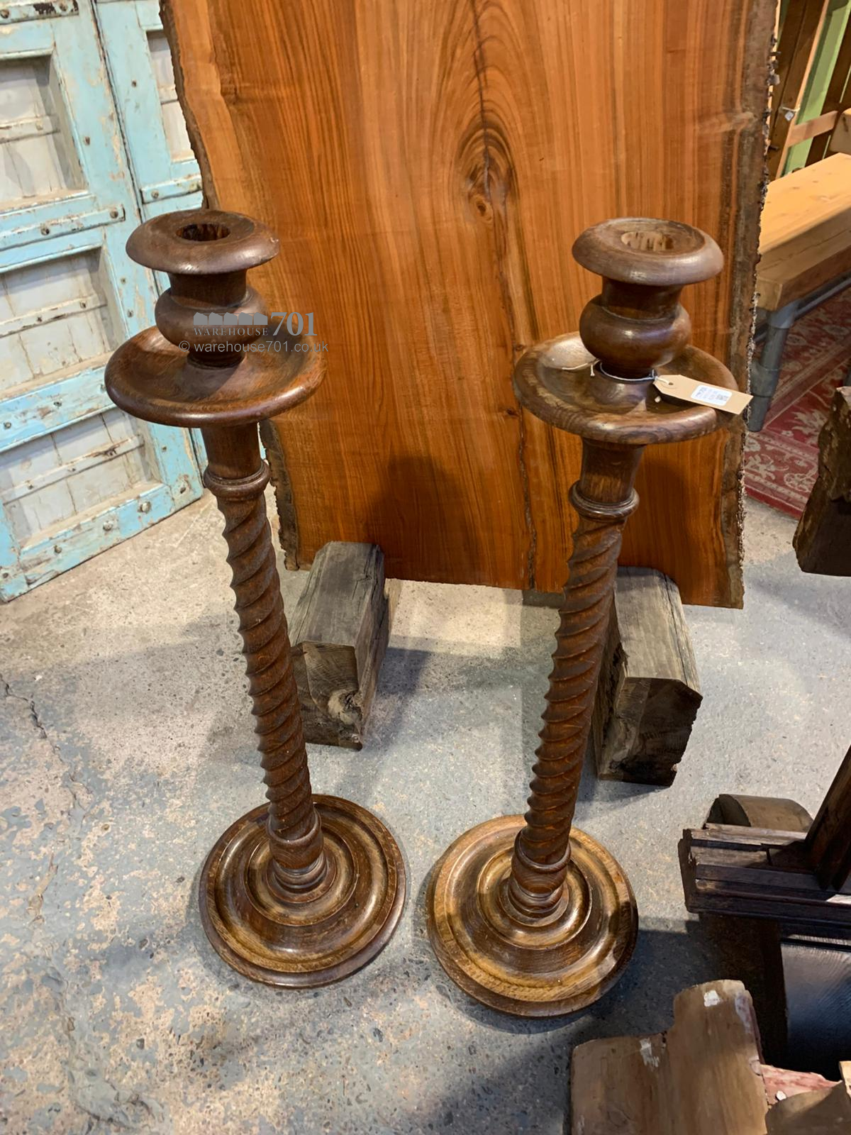Pair of Large Turned Oak Candlesticks