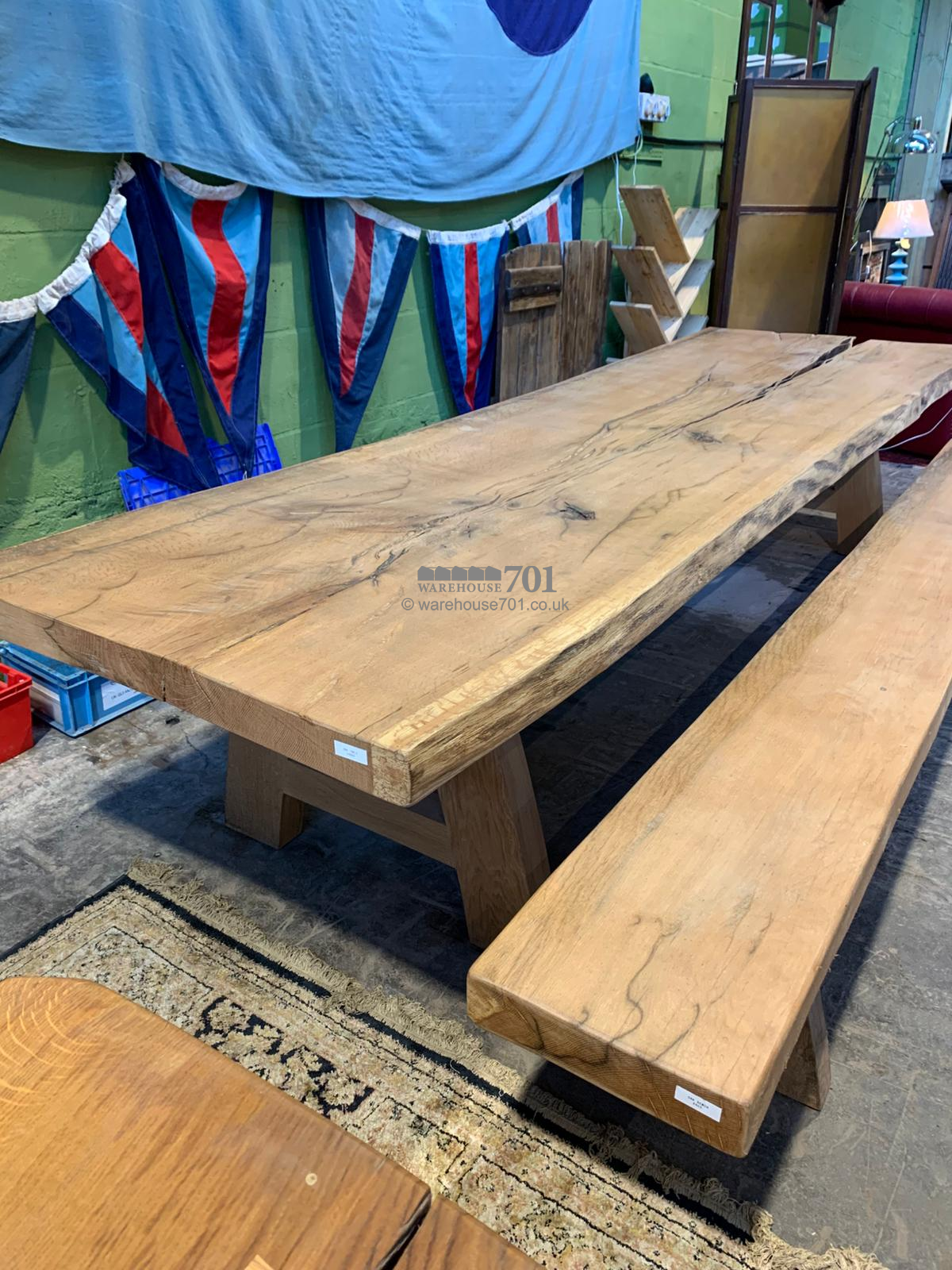 701 Original 3.5m single oak slab table with matching bench