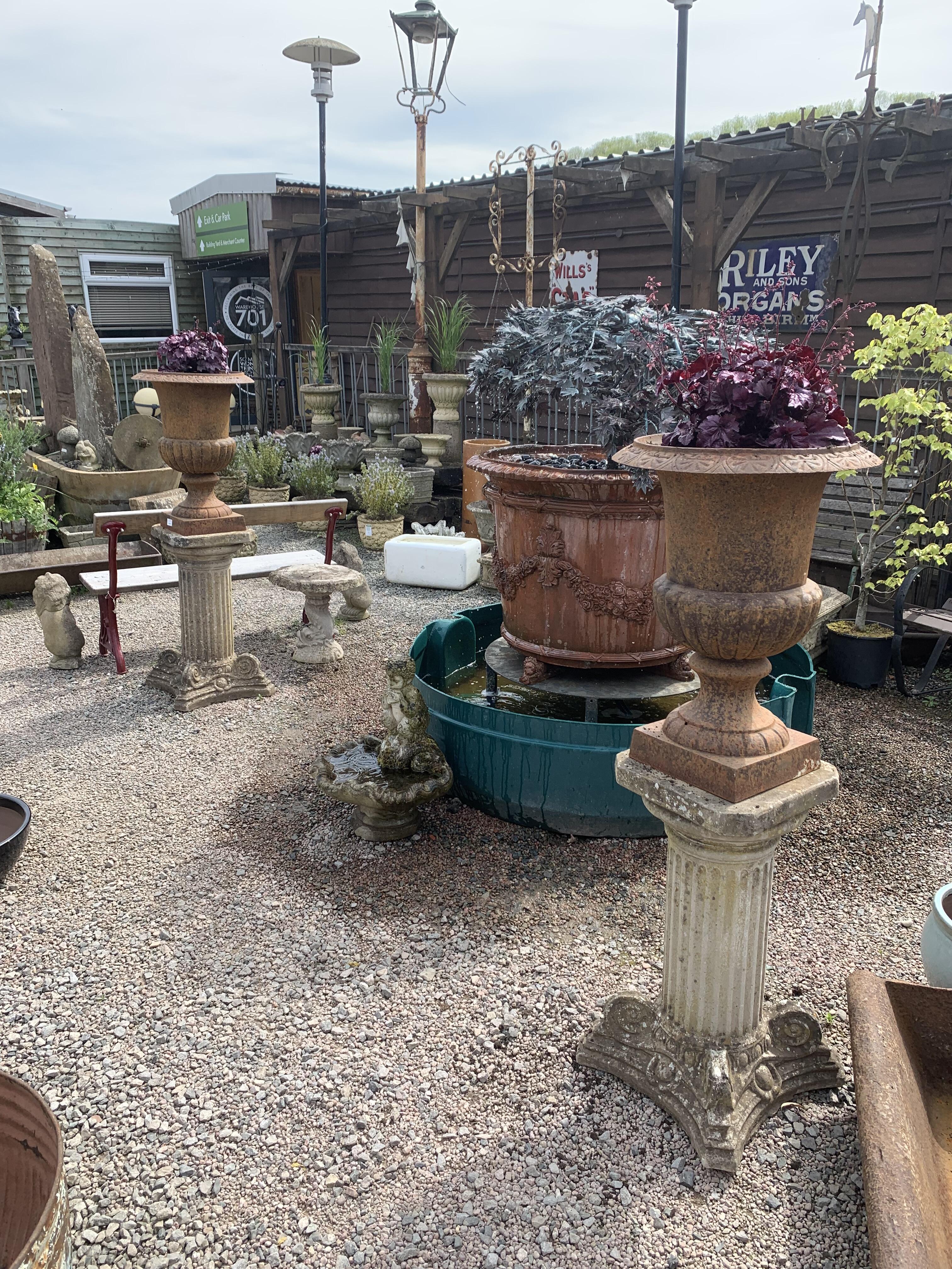 Antique Pair Cast Iron Urns on Decorative Plinths