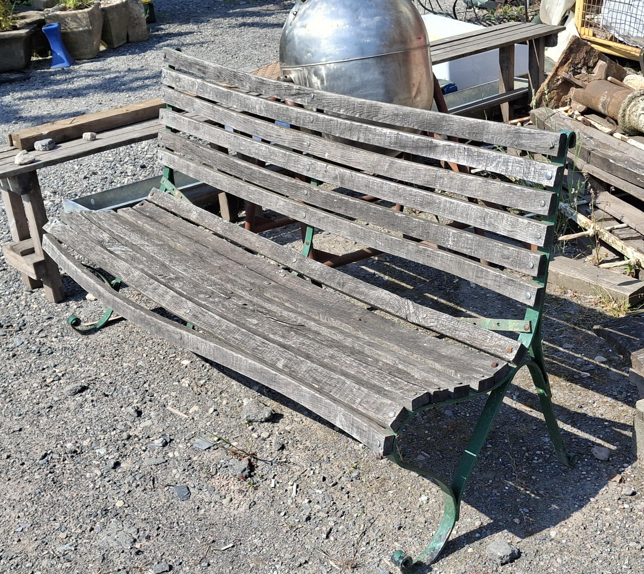 Vintage Wrought Iron Green Garden or Park Bench with Wood Slats