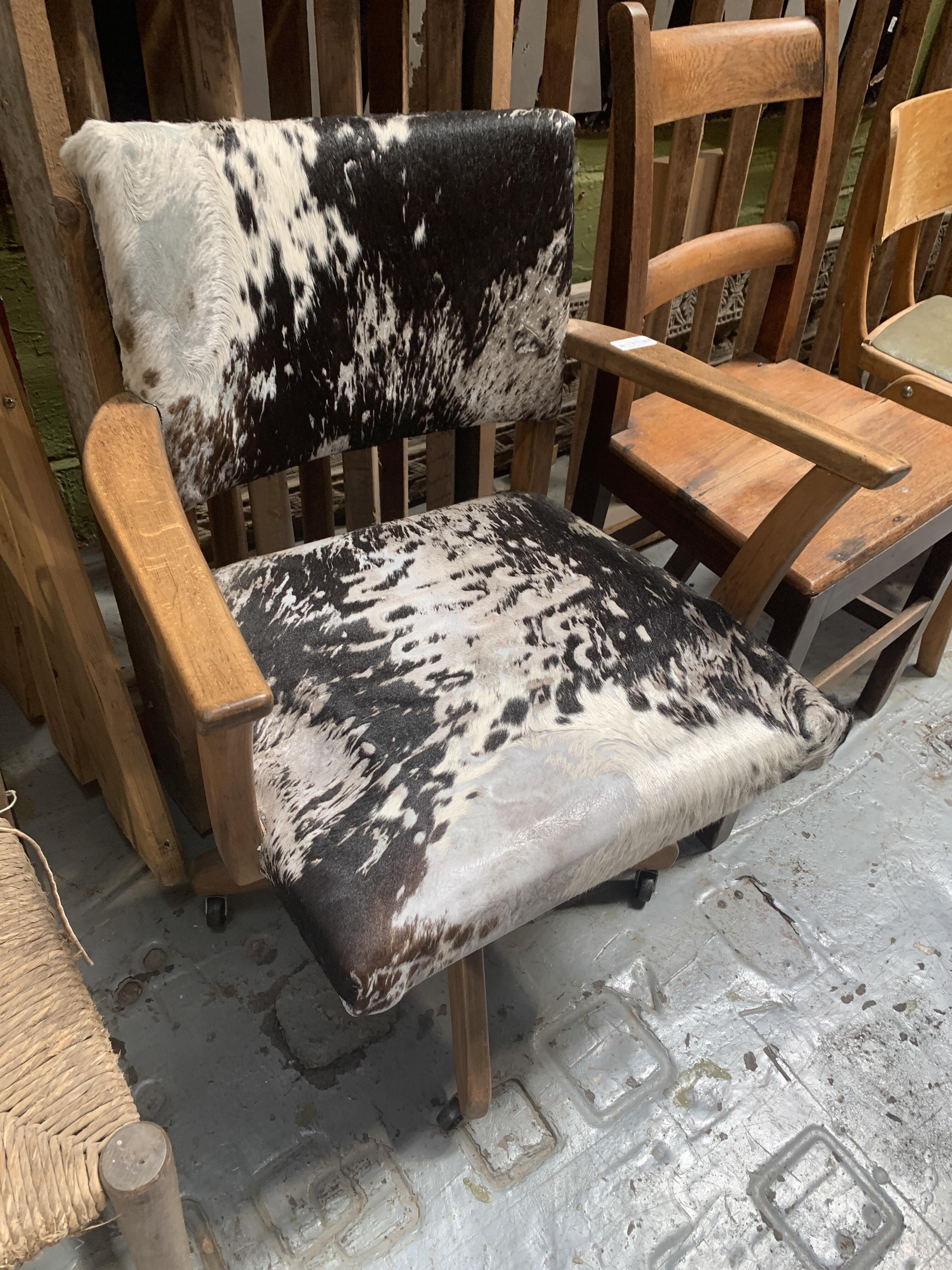 Mid C20th Oak Swivel Desk Chair with Cowhide Upholstery