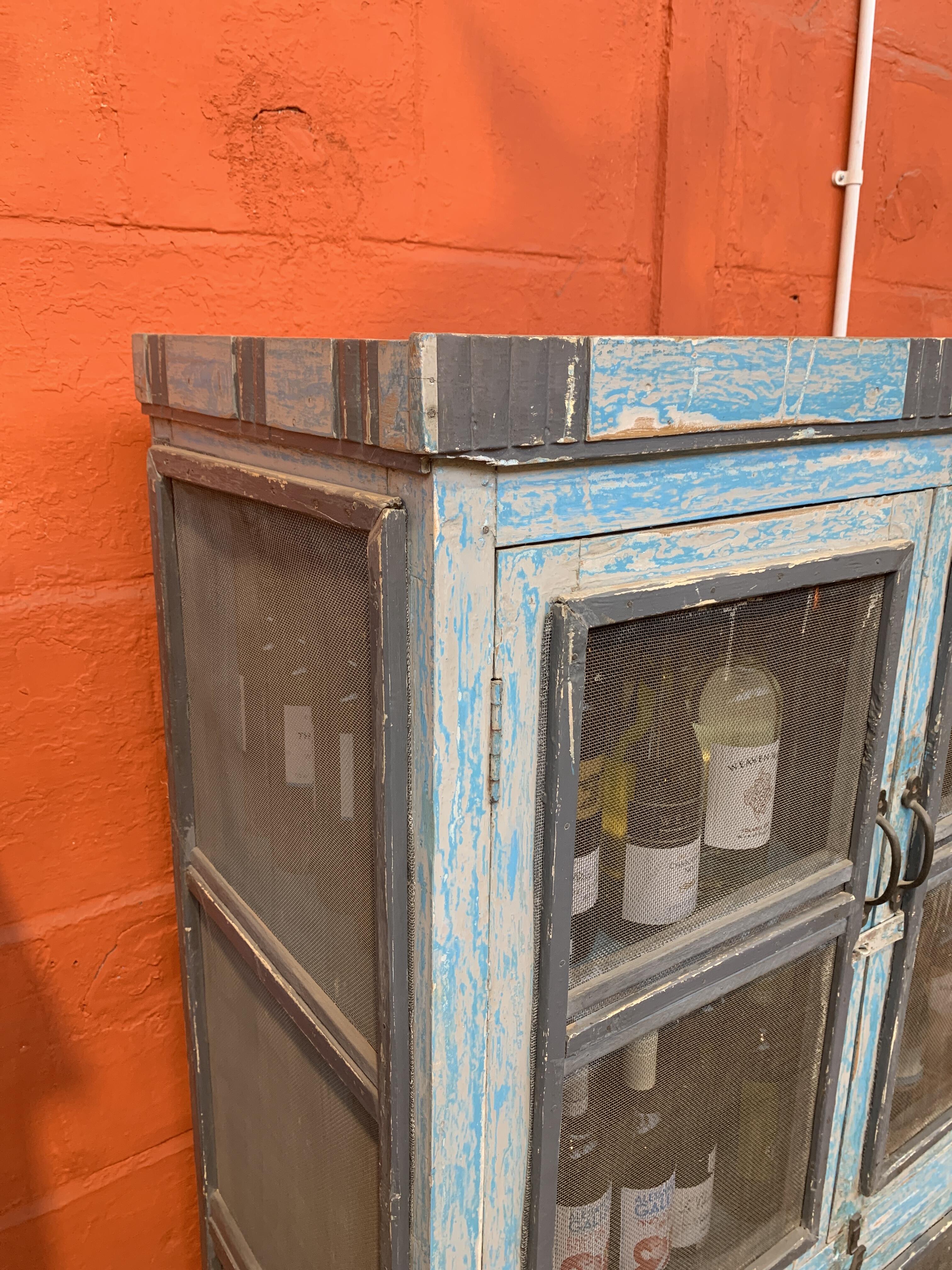 Reclaimed Large Blue Cupboard with Mesh Doors - contents not included