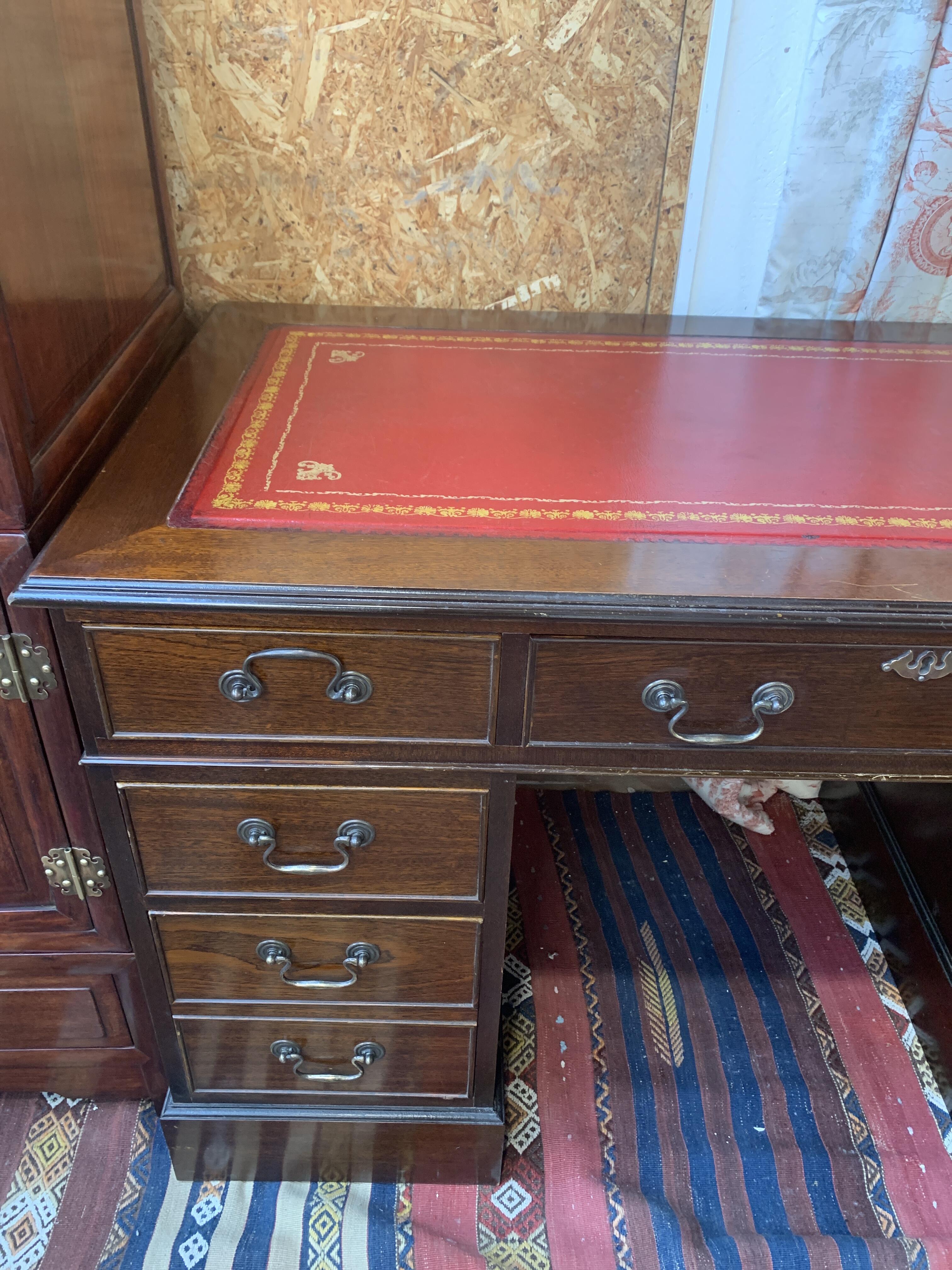 Vintage Mahogany Twin Pedestal Desk with Red Leather Top