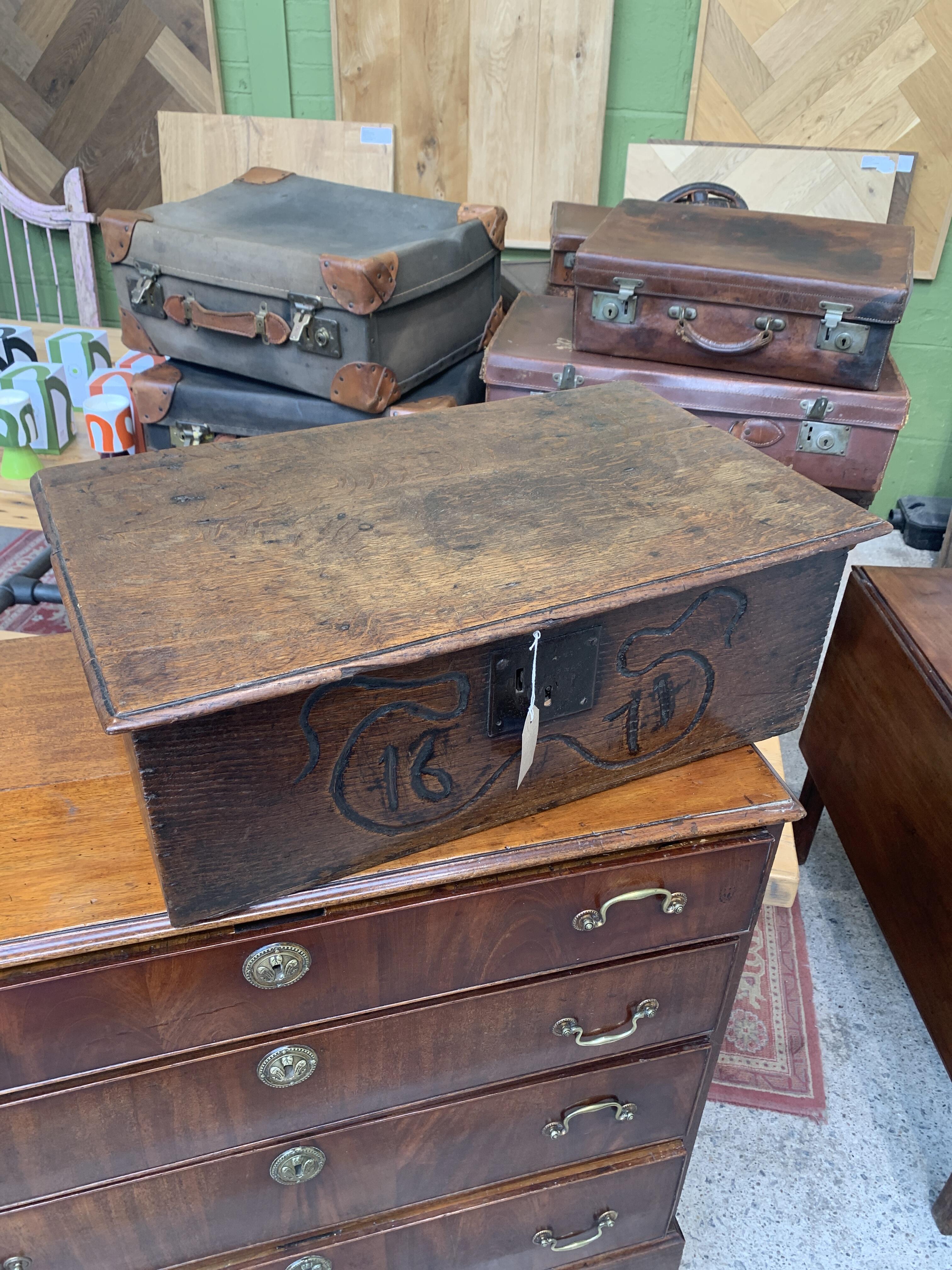 Antique Oak Workbox Engraved 1671
