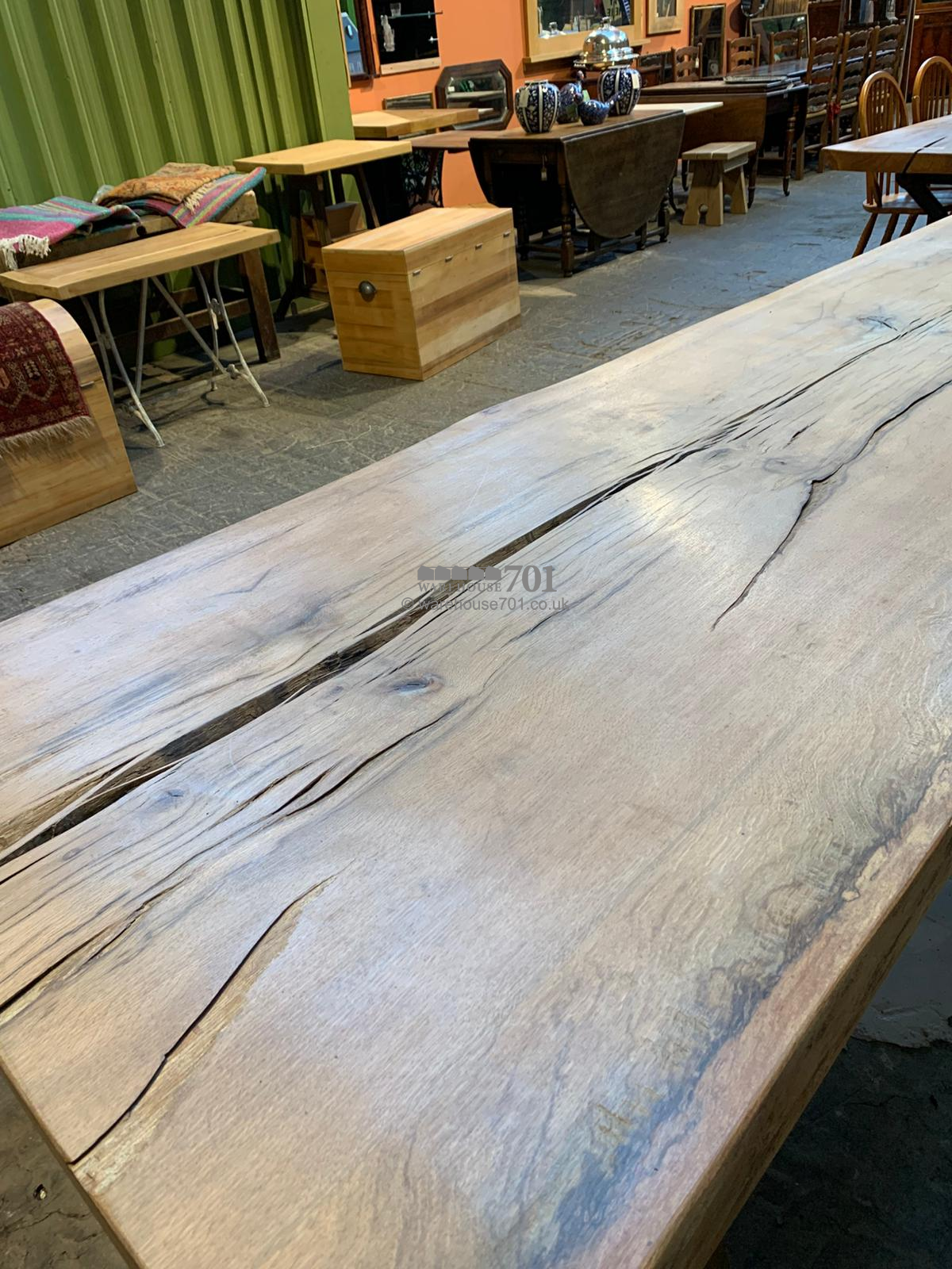701 Original 3.5m single oak slab table with matching bench