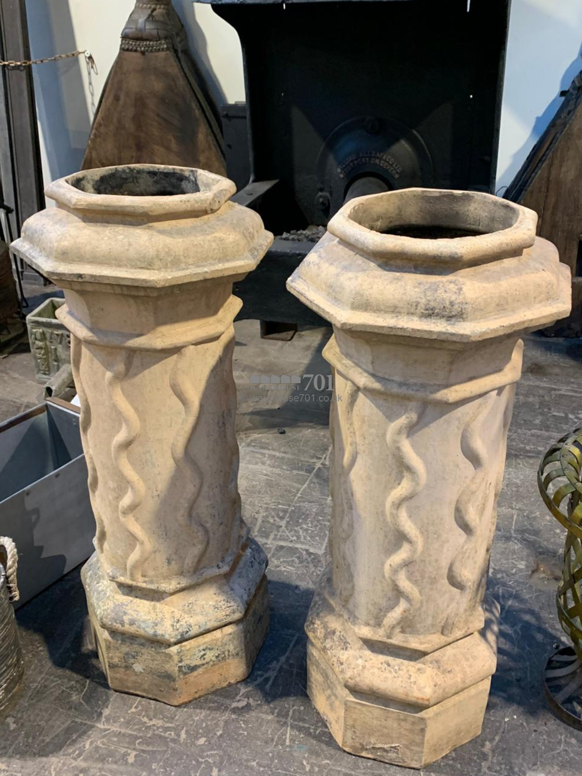 Pair of buff decorative pair of chimney pots
