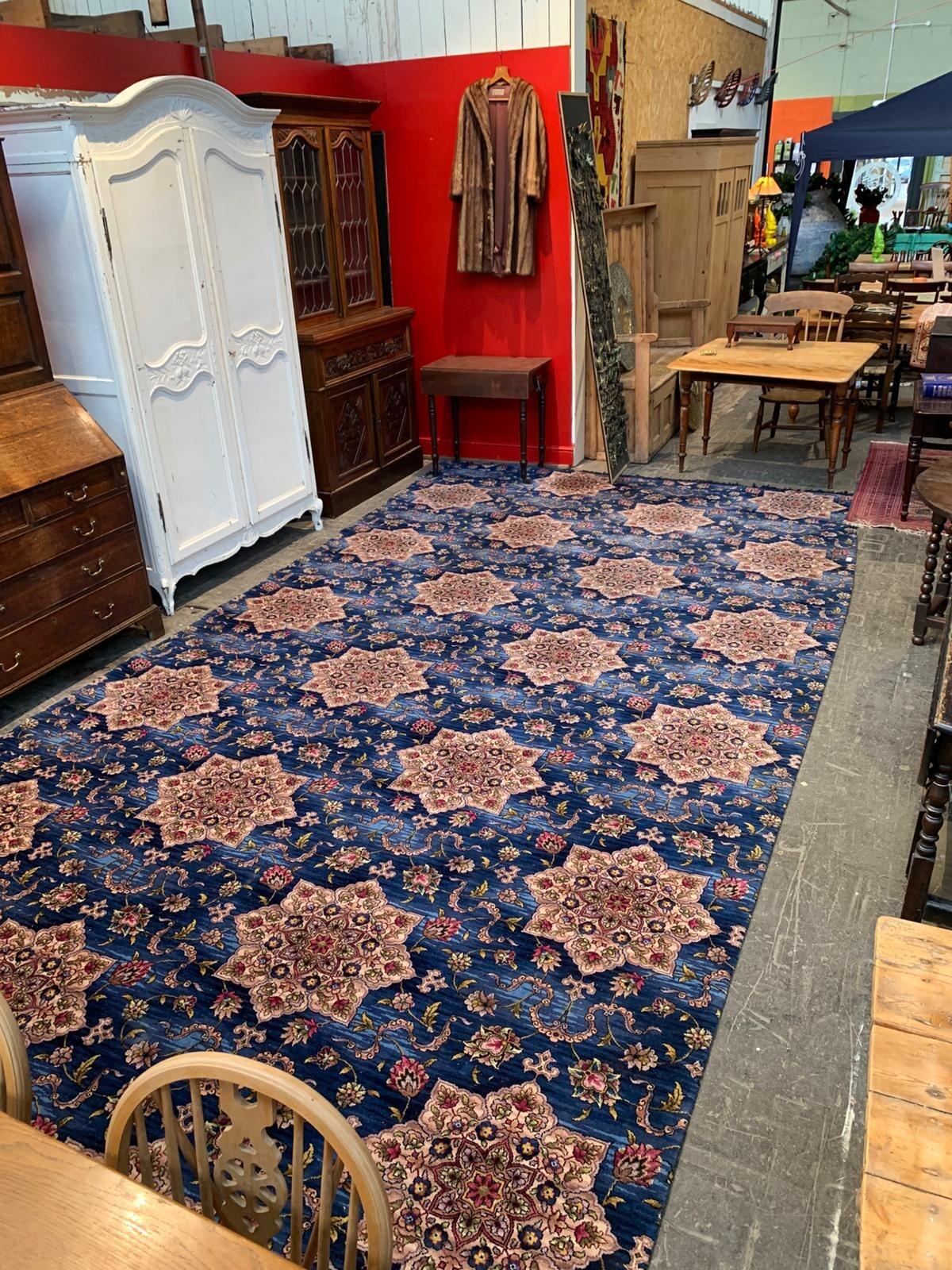 Vintage huge rug navy ground multi colour flowers