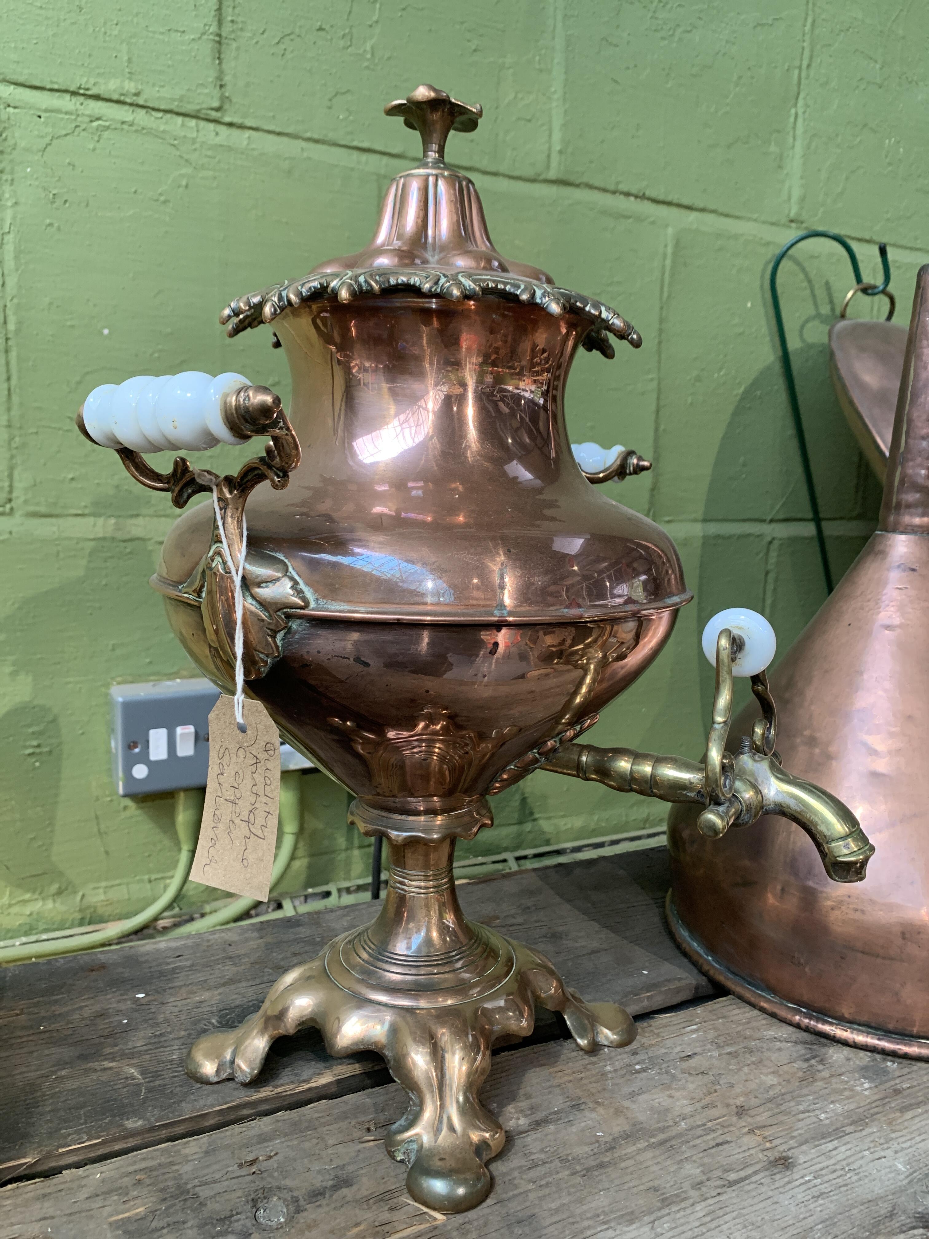 Antique Copper Samovar with Porcelain Handles