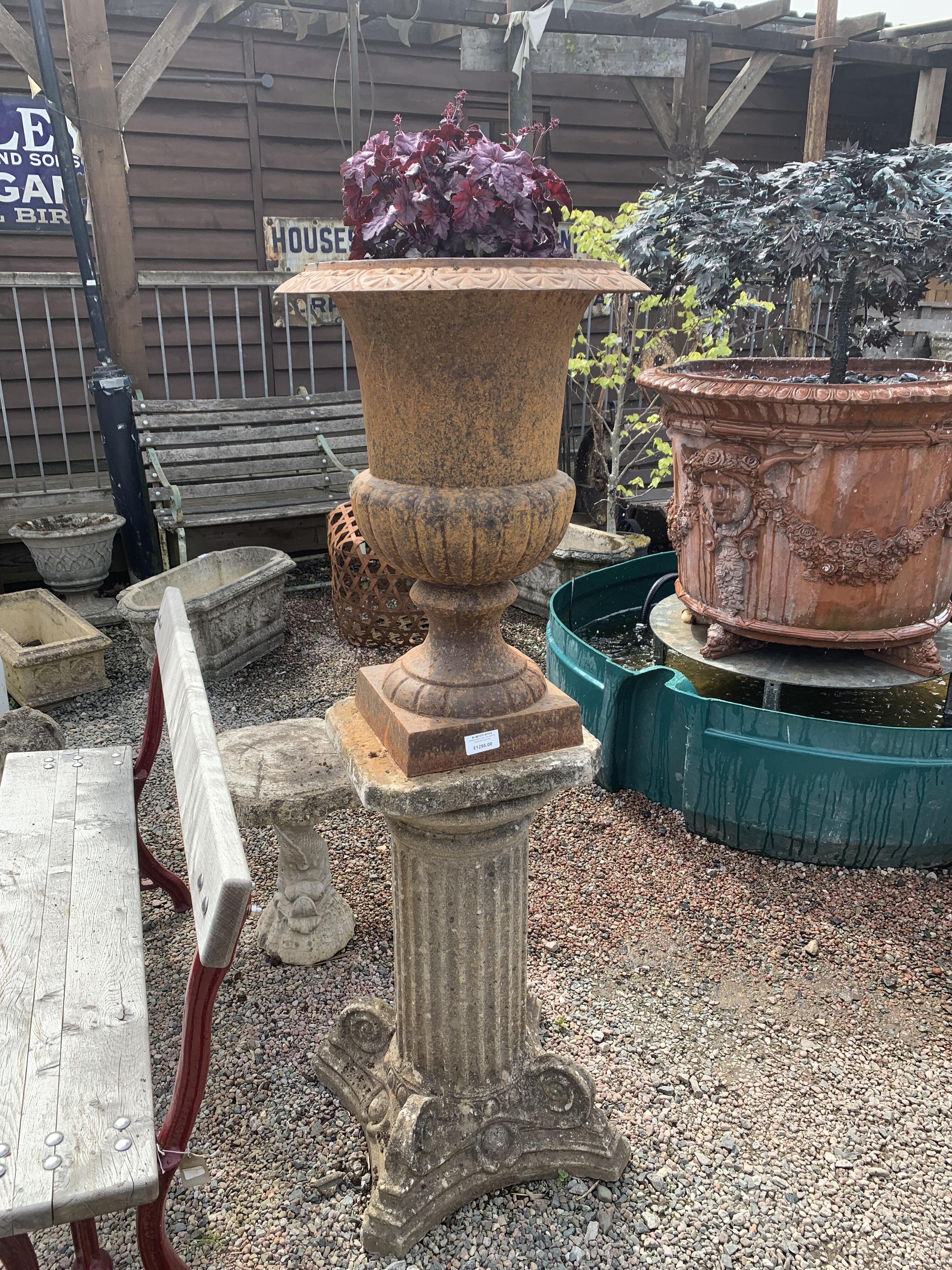 Antique Pair Cast Iron Urns on Decorative Plinths