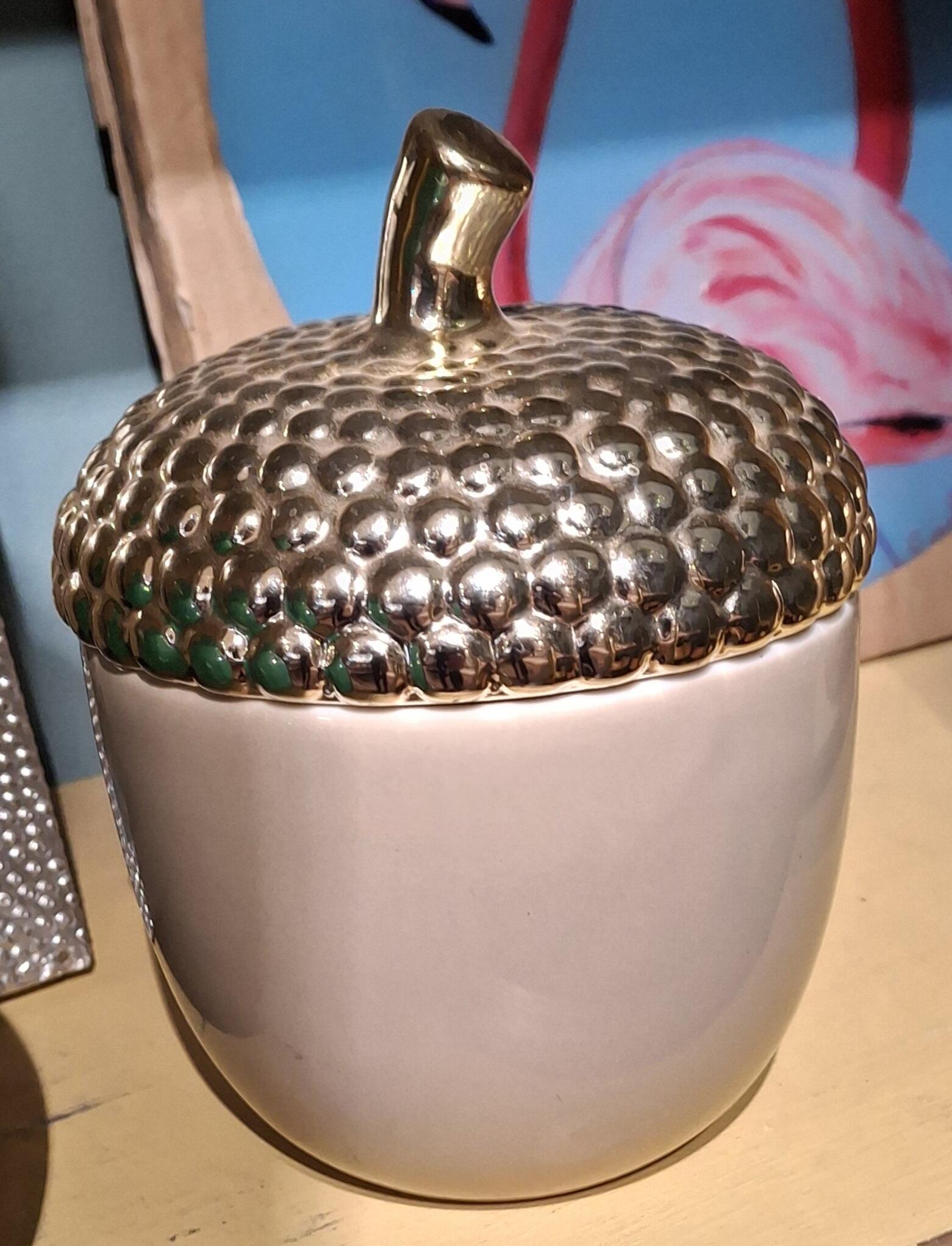 Taupe and Gold Acorn Lidded Jar
