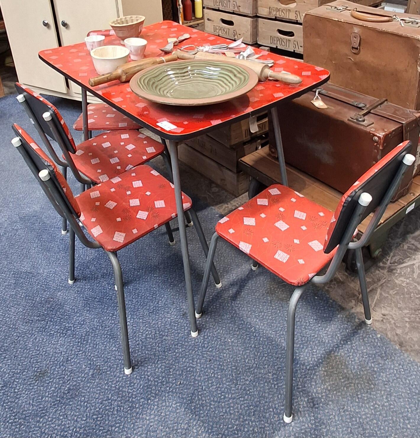 Vintage Red Formica Table & 4 Steel Chairs Set