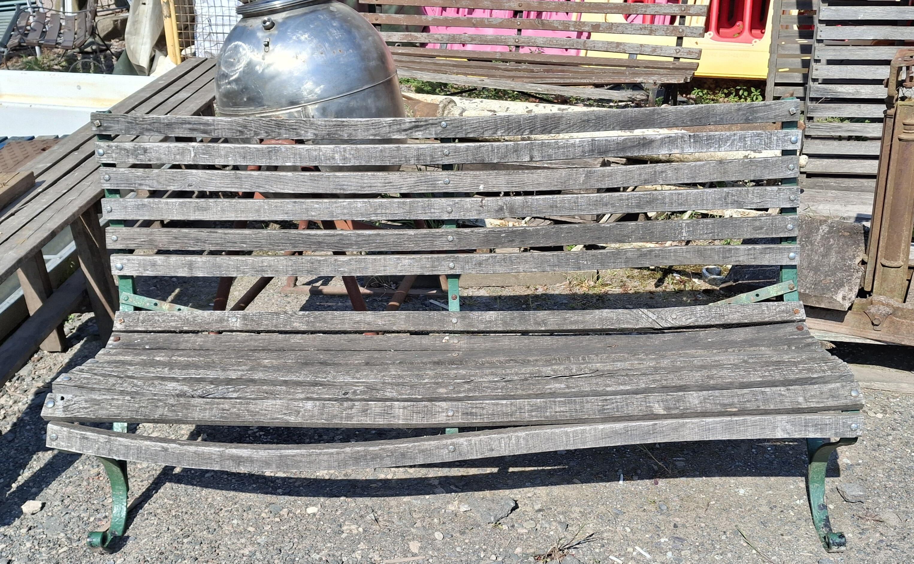 Vintage Wrought Iron Green Garden or Park Bench with Wood Slats