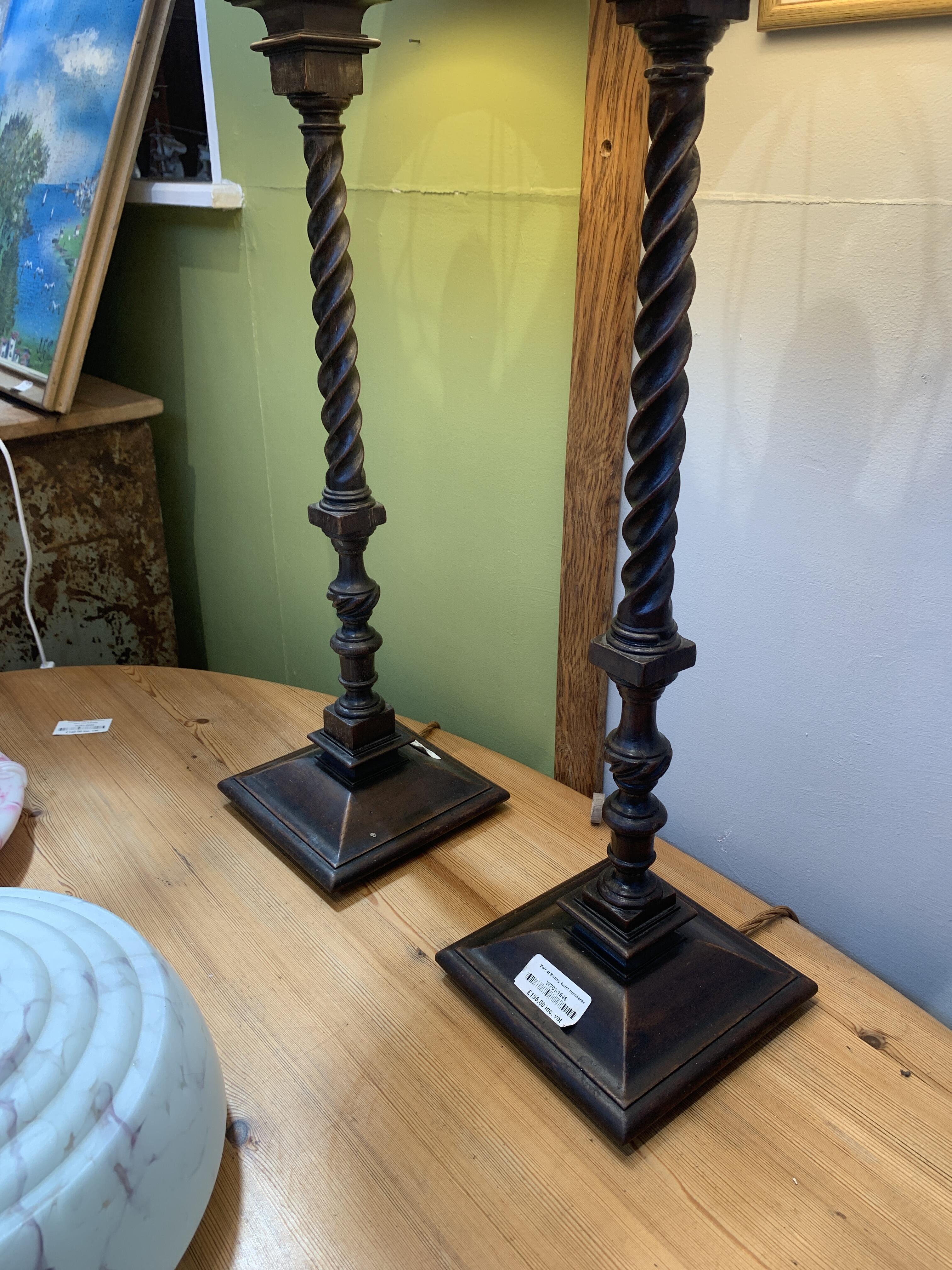 Pair of Hardwood Barley Twist Luminaires