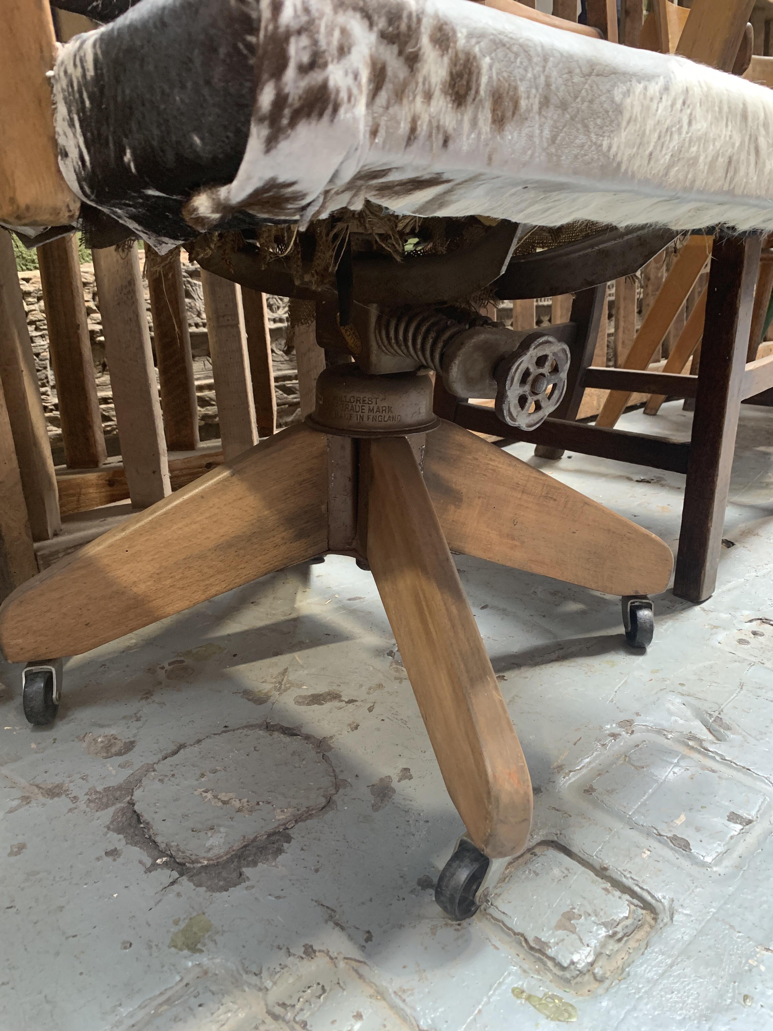 Mid C20th Oak Swivel Desk Chair with Cowhide Upholstery