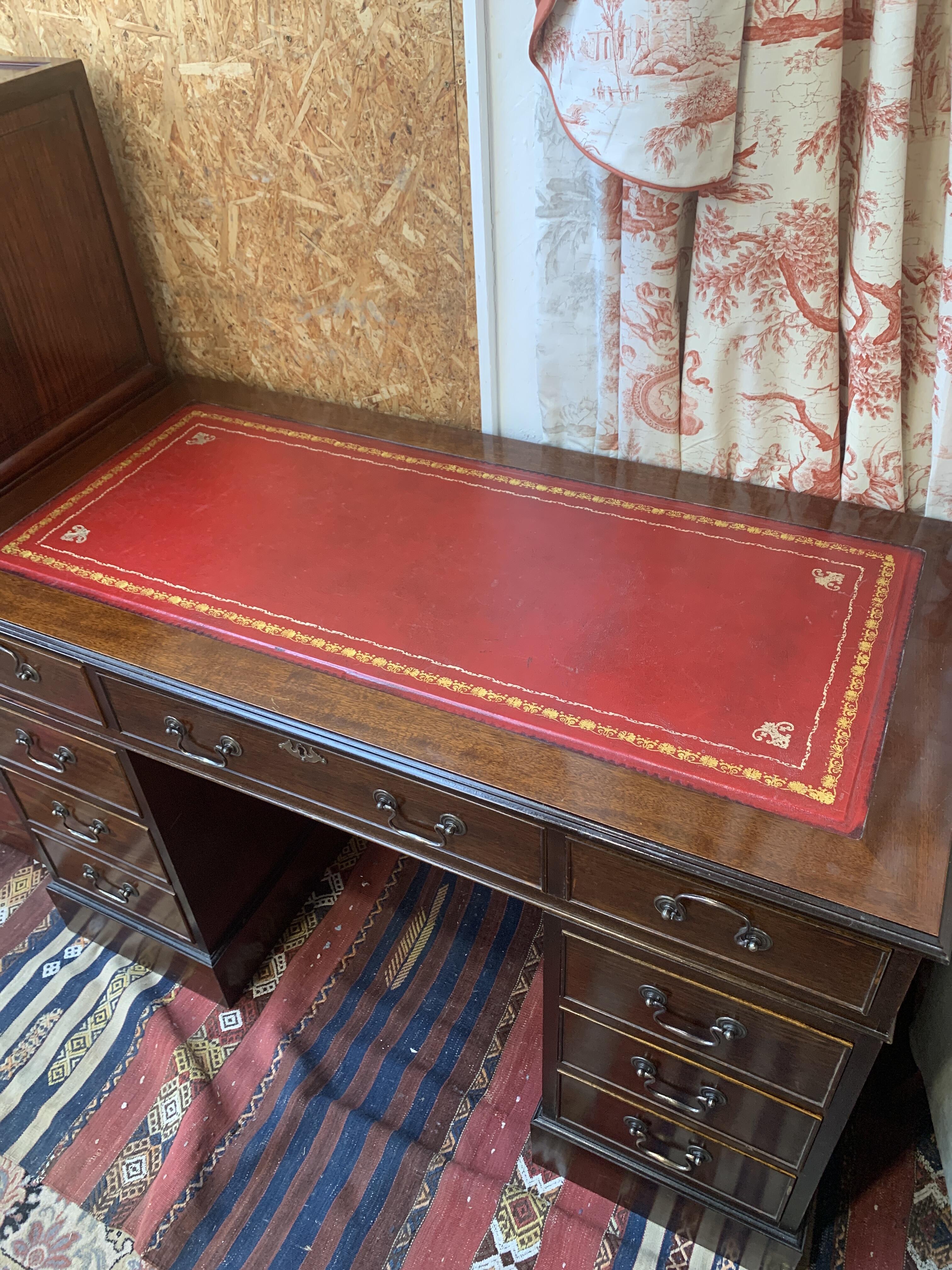 Vintage Mahogany Twin Pedestal Desk with Red Leather Top