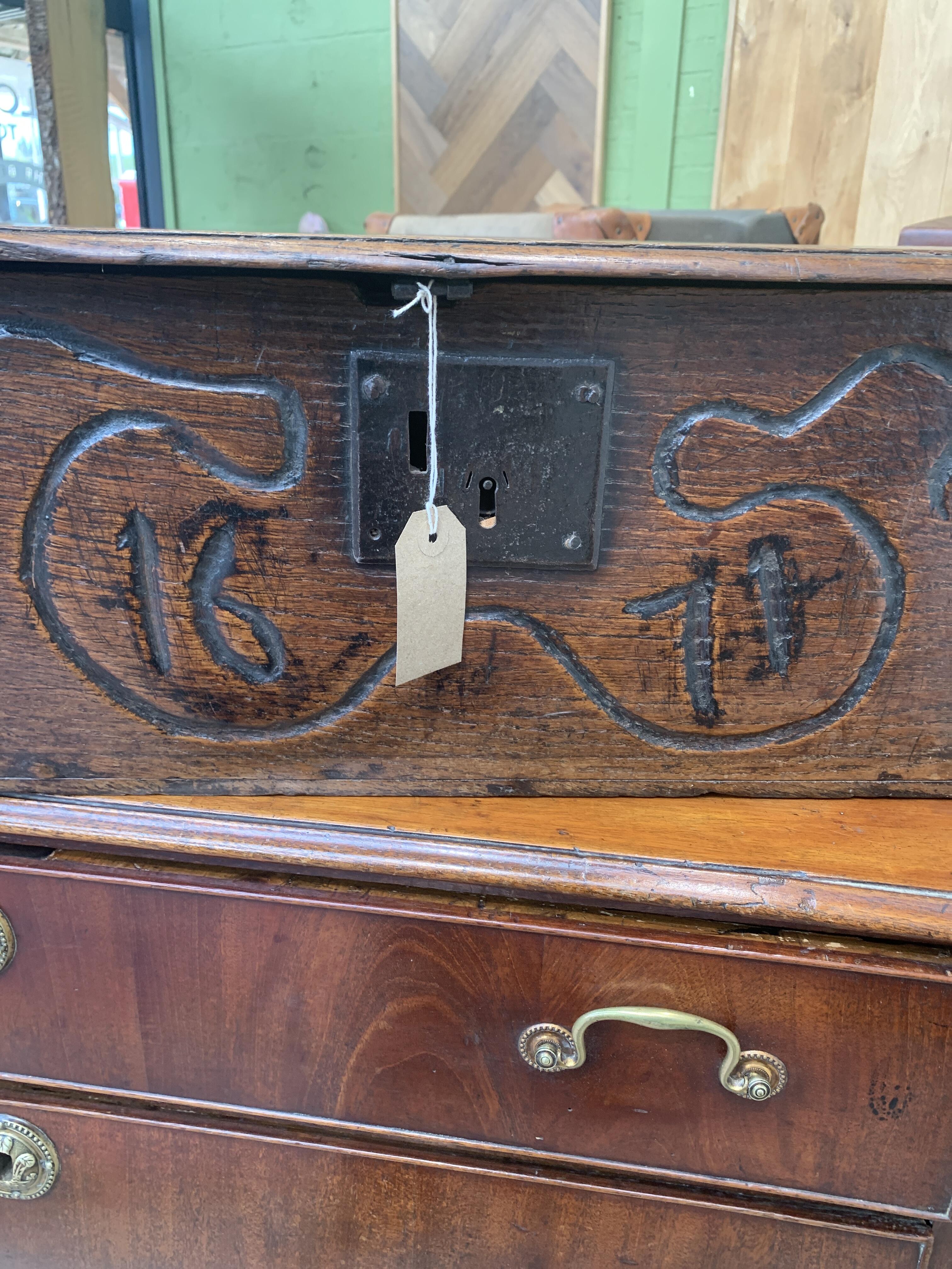 Antique Oak Workbox Engraved 1671