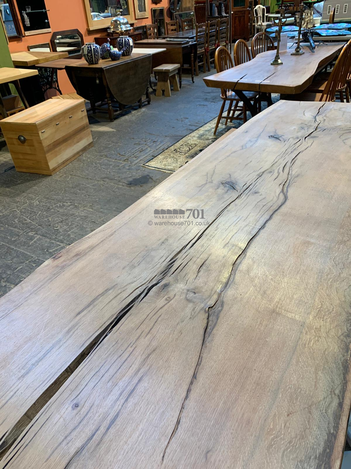 701 Original 3.5m single oak slab table with matching bench