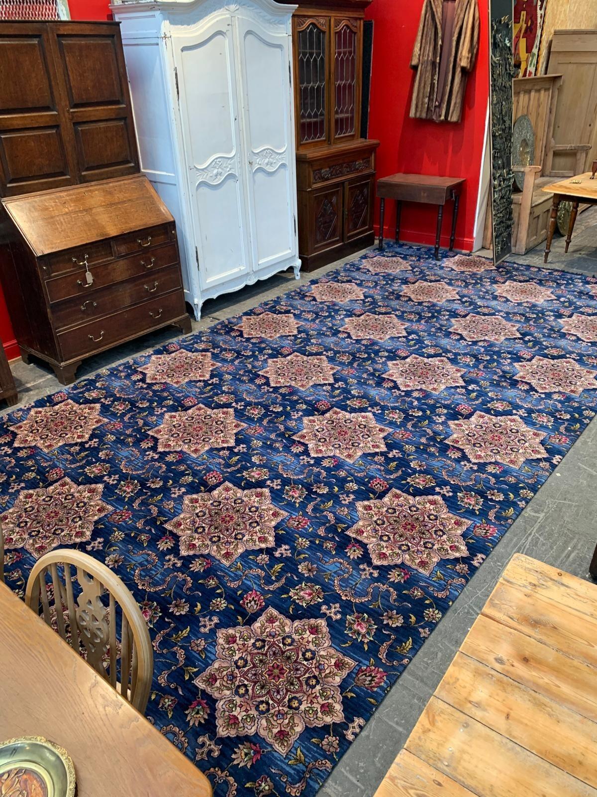 Vintage huge rug navy ground multi colour flowers