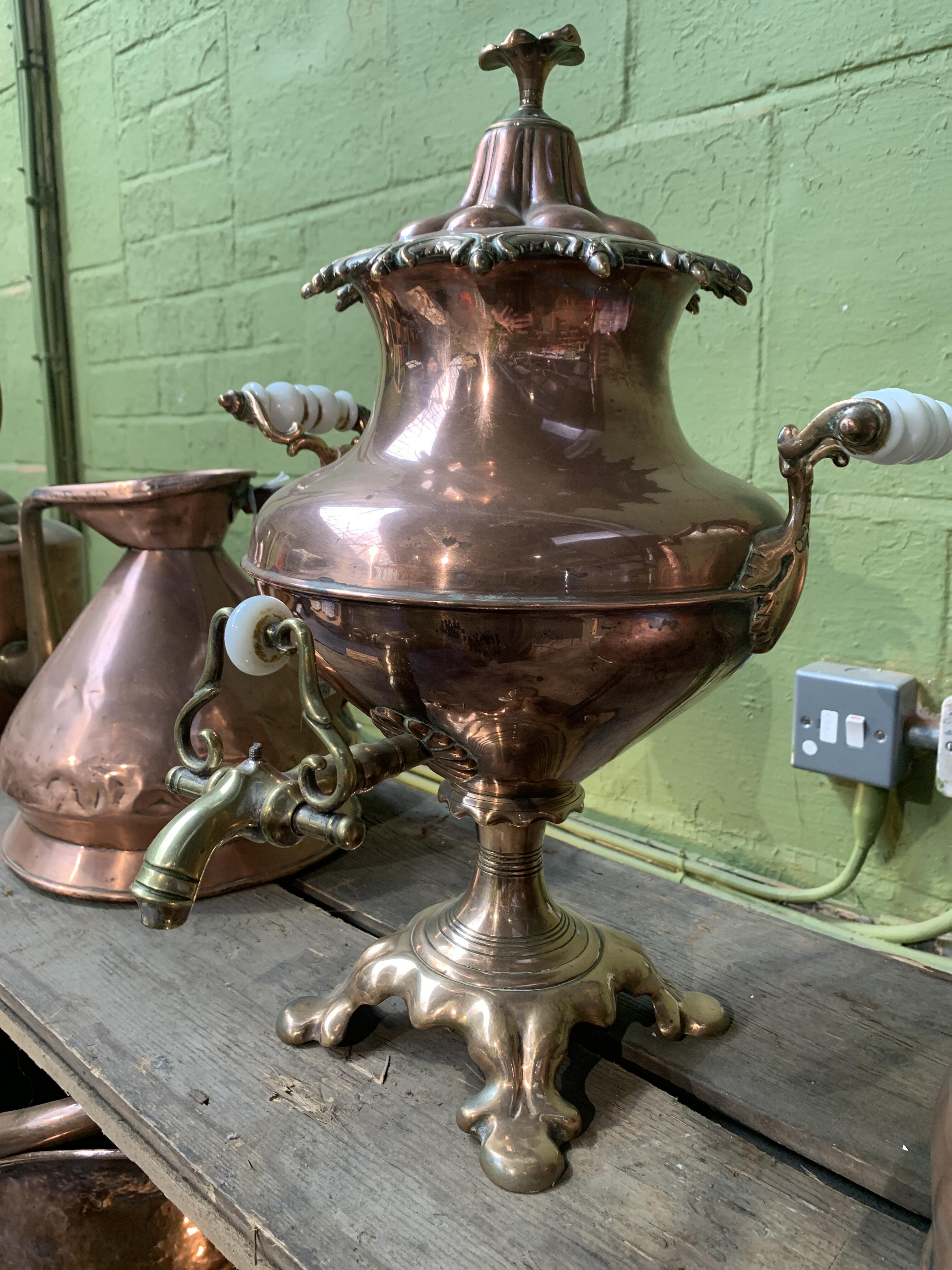 Antique Copper Samovar with Porcelain Handles