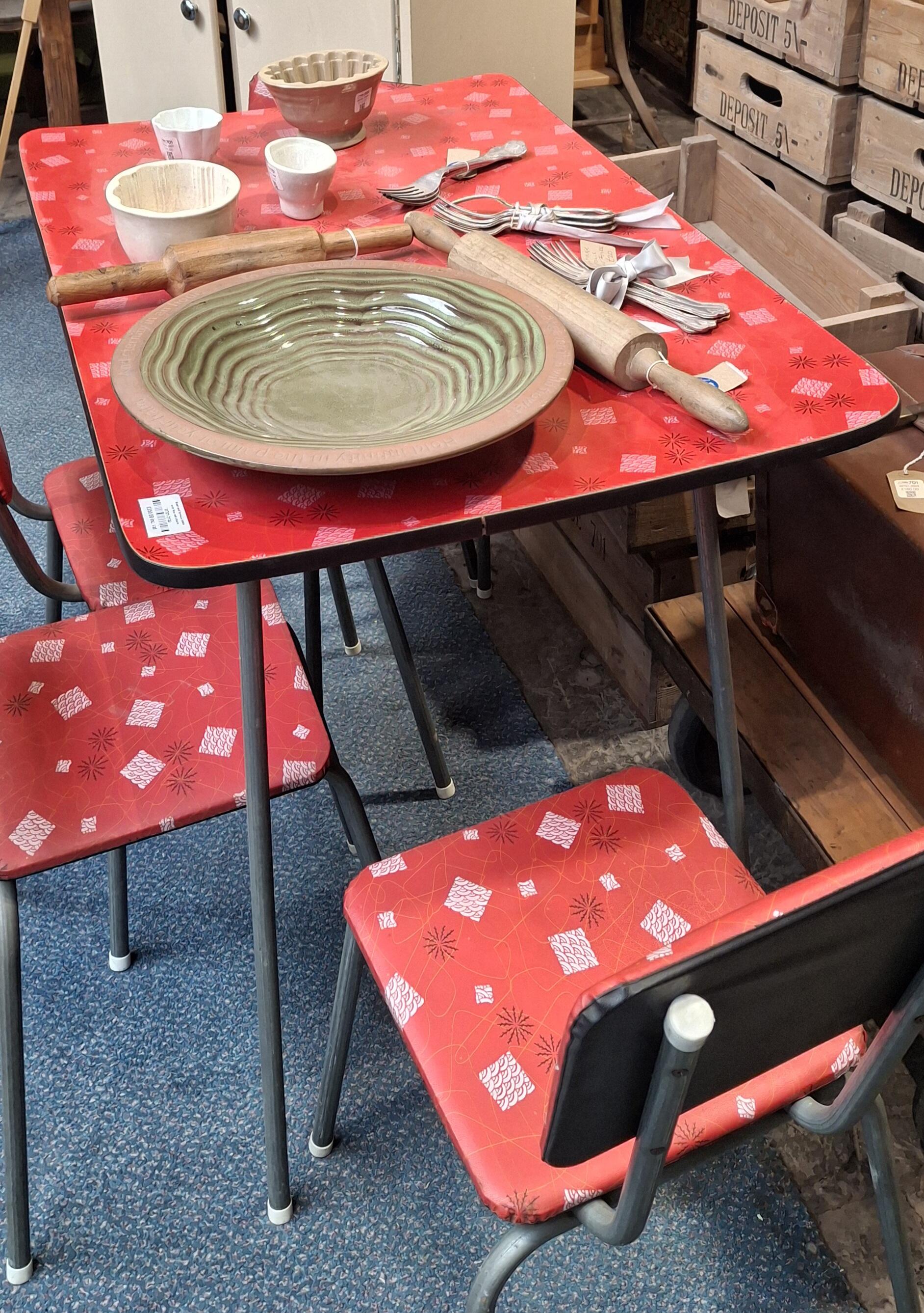 Vintage Red Formica Table & 4 Steel Chairs Set