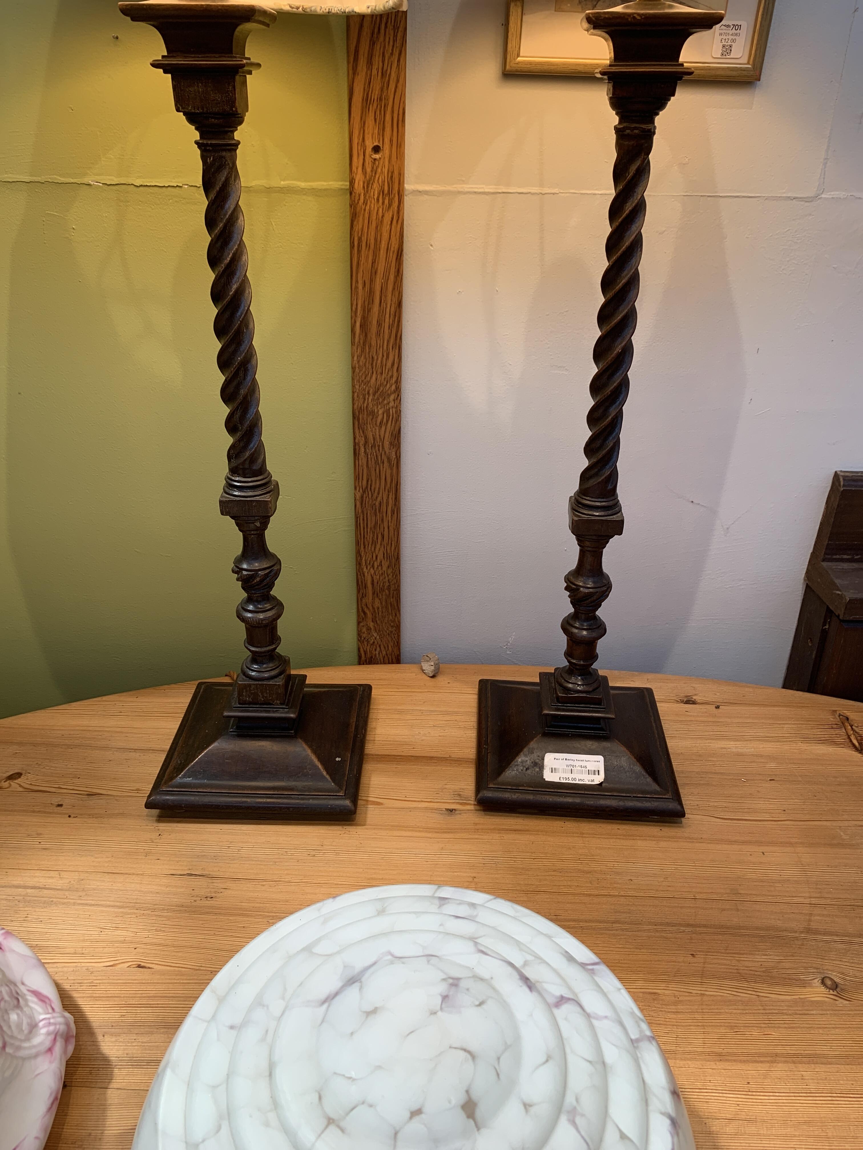 Pair of Hardwood Barley Twist Luminaires