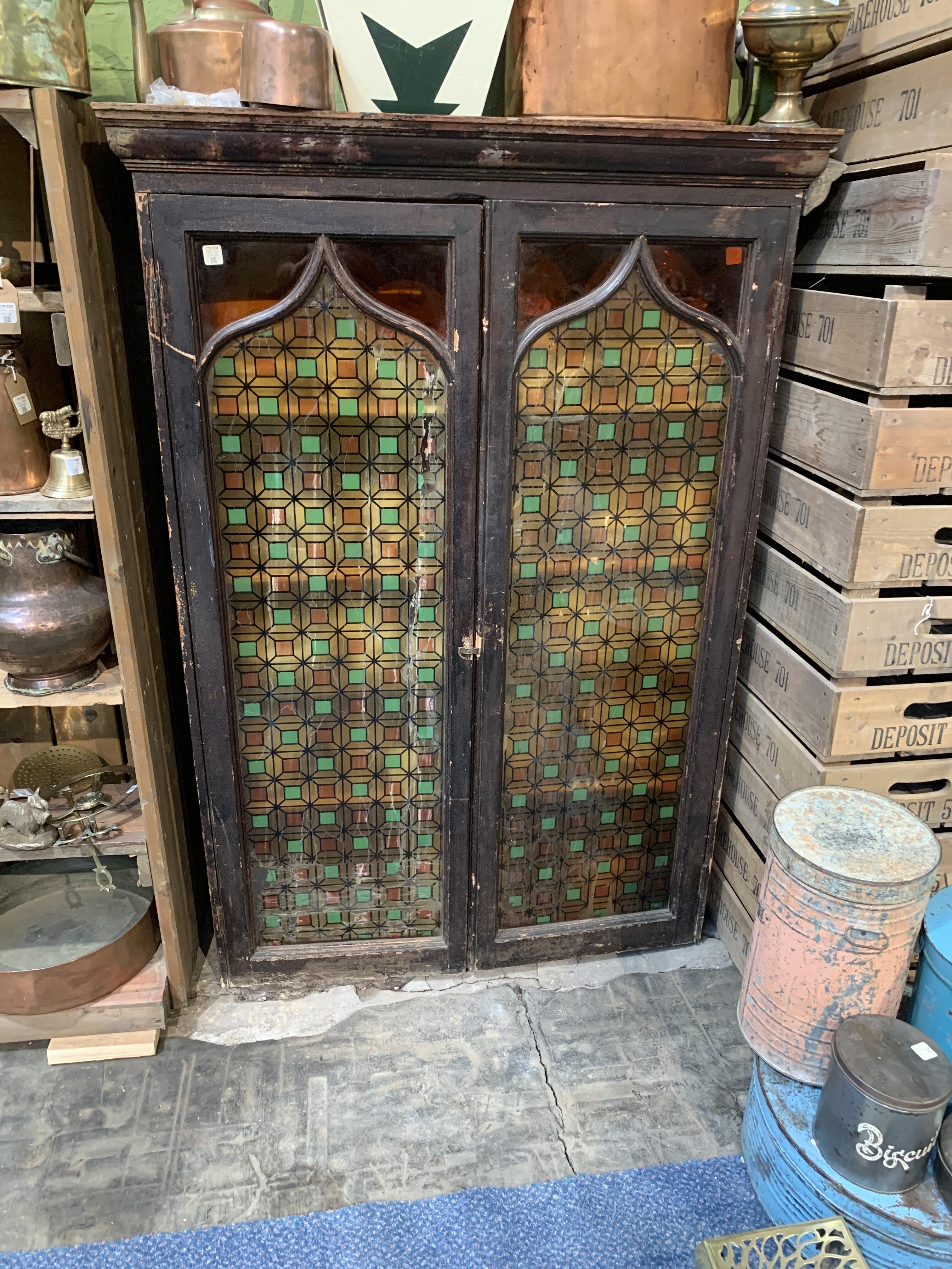 Large Glazed Early 20th Century Cabinet with Stained Glass