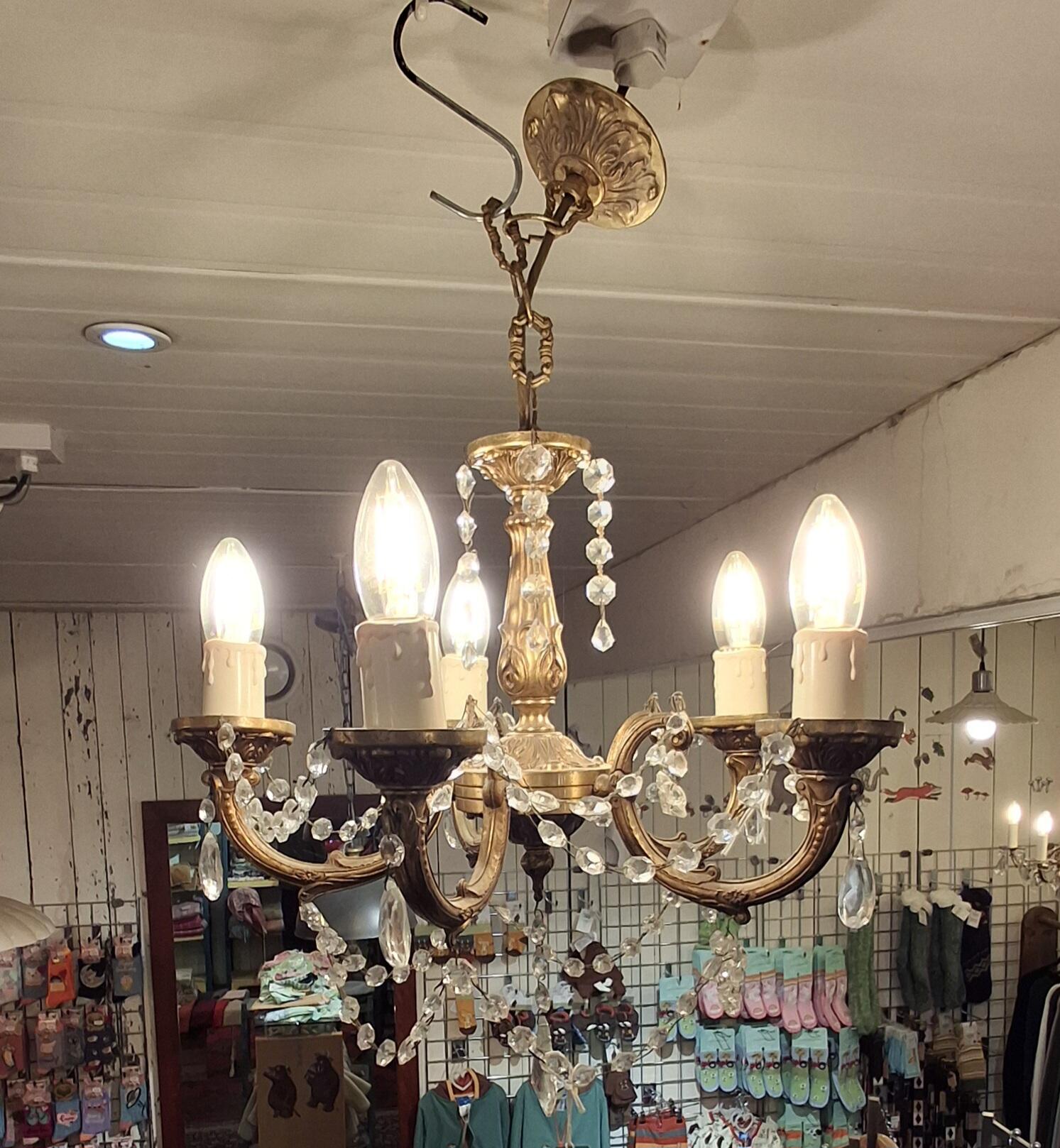 Vintage Brass Chandelier with Crystal Drops