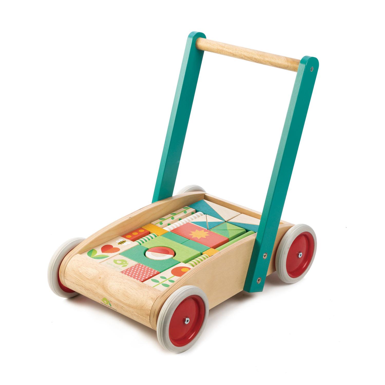 New Sturdy Wood Baby Walker FIlled with Blocks and Rubber Wheels