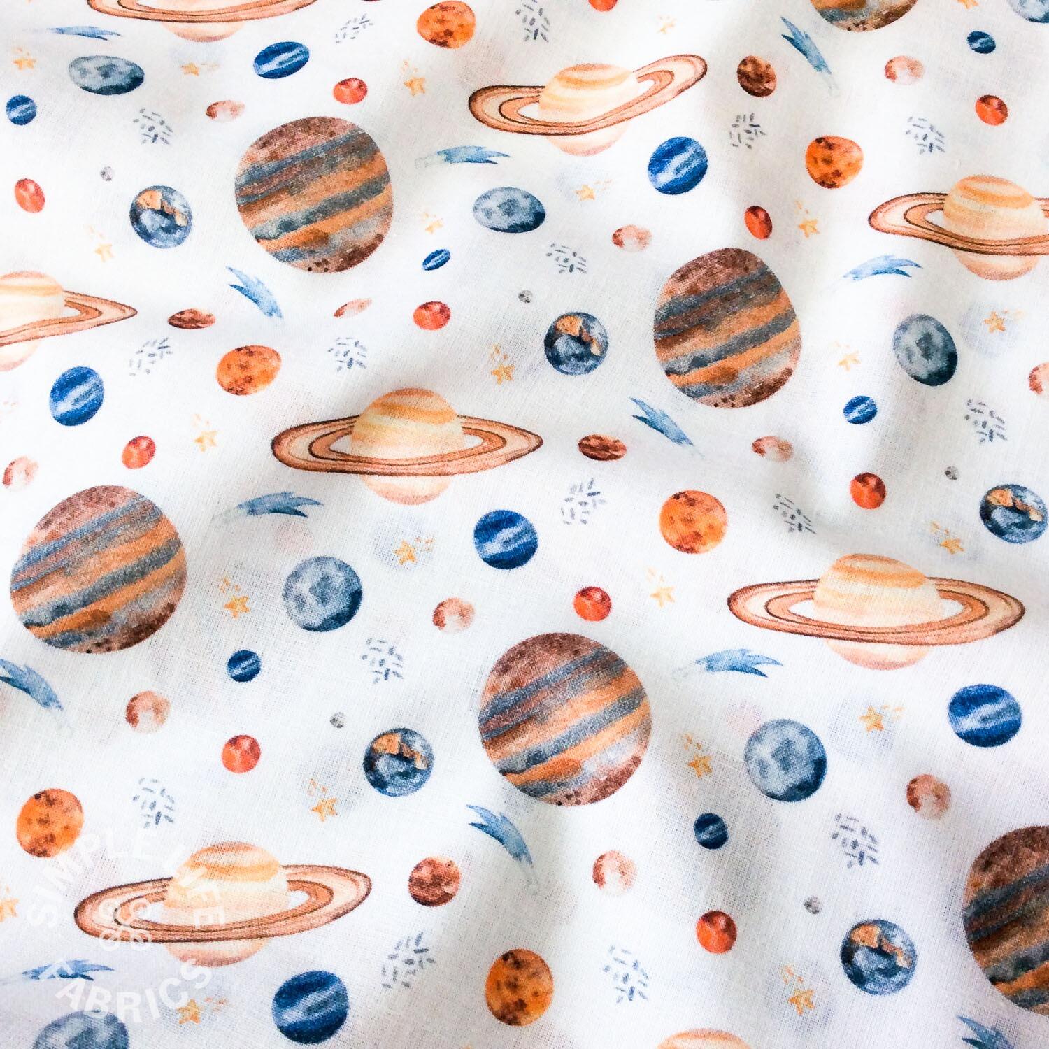 Planets Space Cotton Fabric White Oeko Tex Per Half Metre