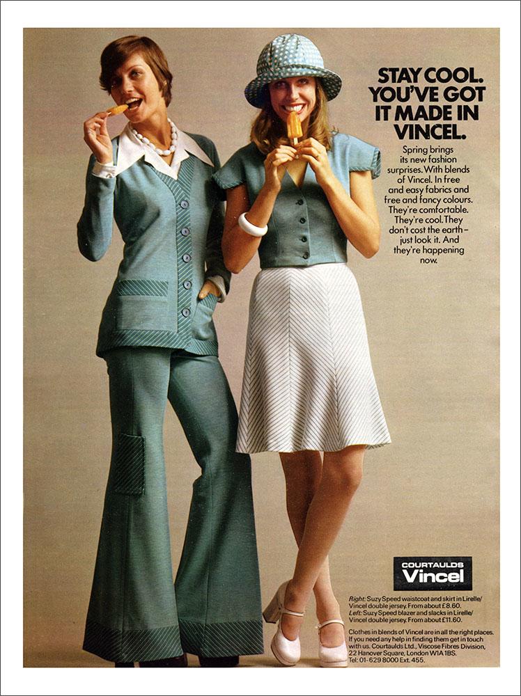 Courtaulds Vincel, Fashion Advert, 1970s : Art Print £7.99 / Framed Print  £22.99 / T-Shirt £12.99 / Shopping Bag £8.99