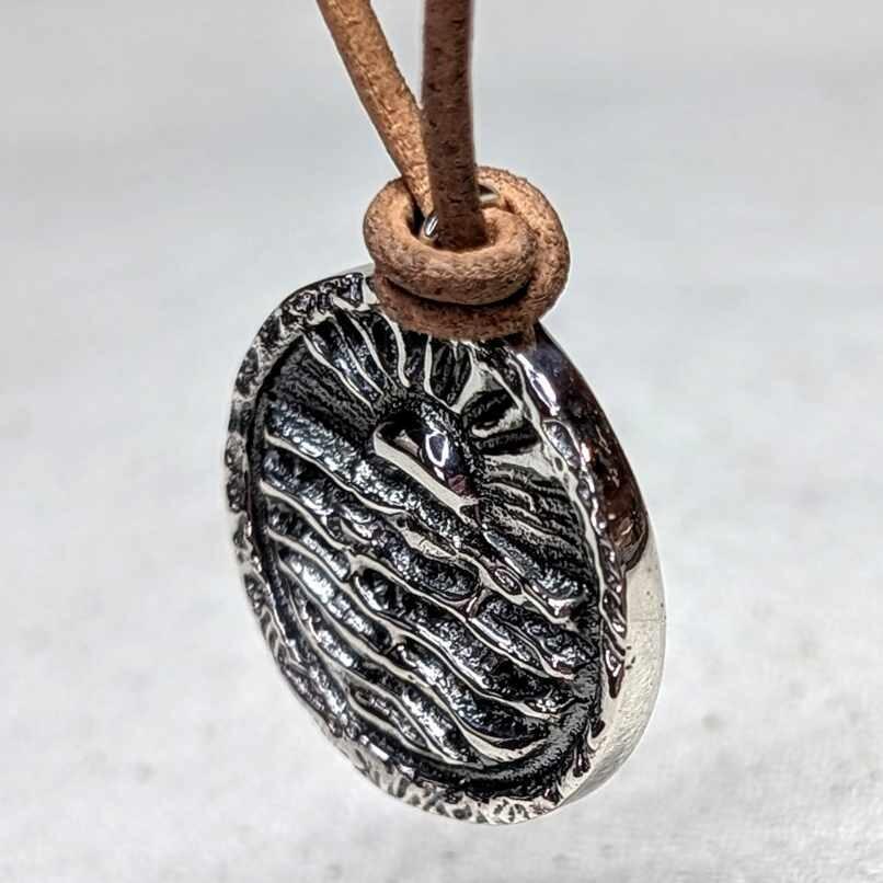 Chunky Recycled Sterling Silver Sunrise Coin pendant on 1mm Natural Leather Cord, handmade in Scotland