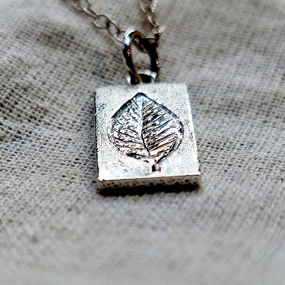 Hand Engraved Rectangular Birch Leaf Pendant
