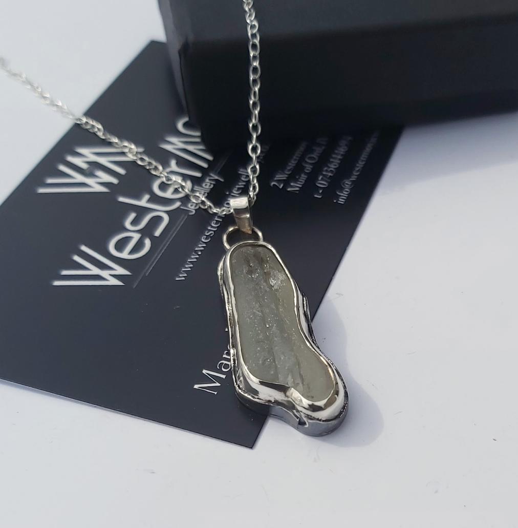Sterling Silver White Sea Glass Pendant with Waves