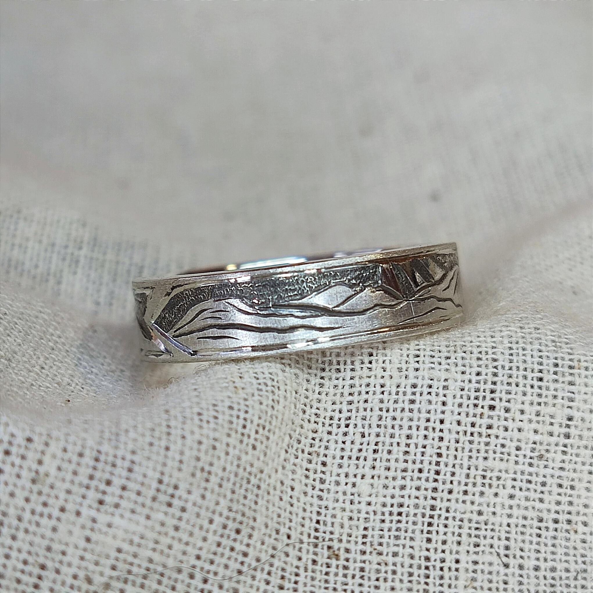 Hand Engraved Mountain Ring, a view from Westermoy, handmade with recycled sterling silver