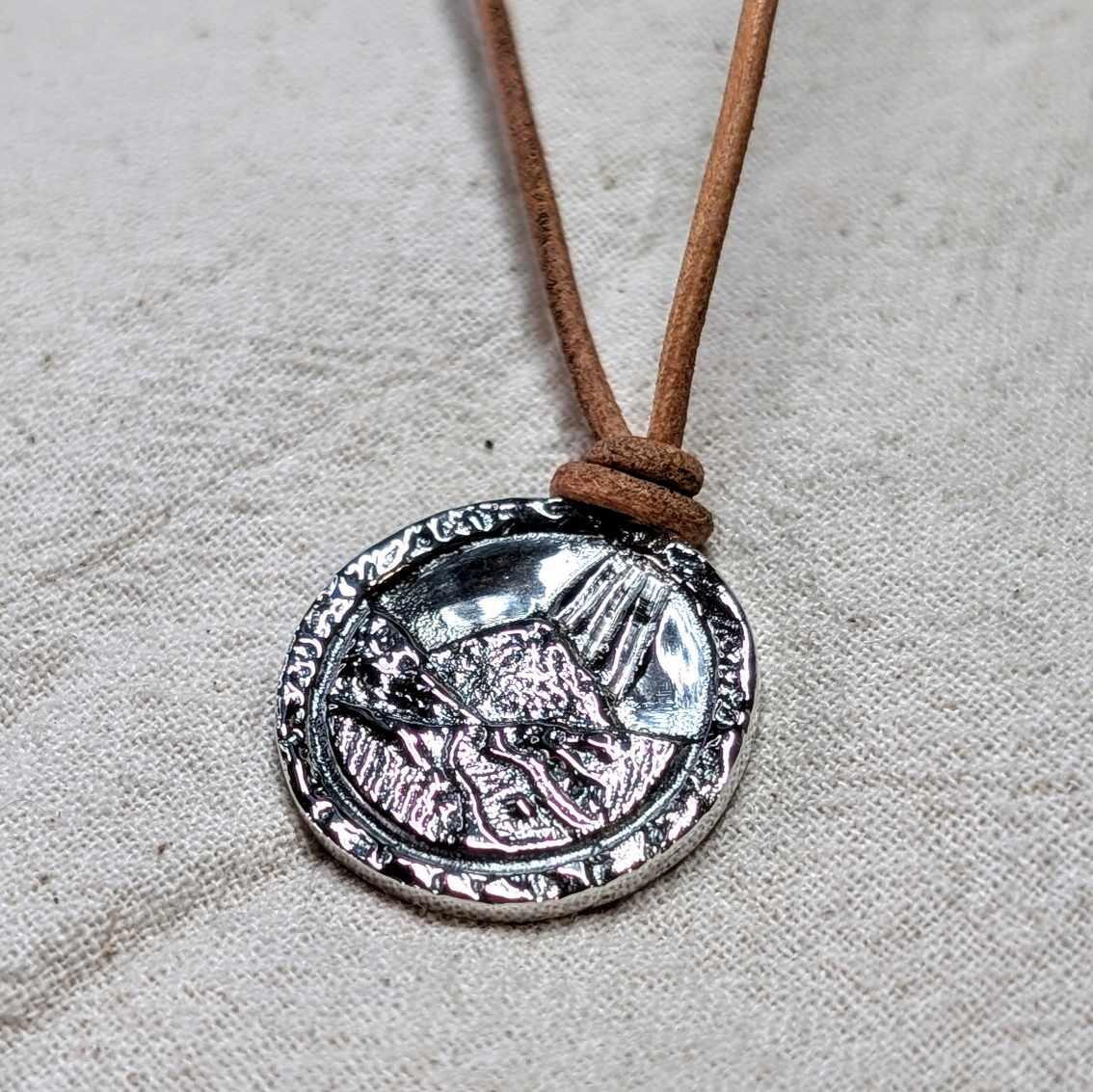 Chunky Recycled Sterling Silver Scottish Mountain Coin pendant on 1mm Natural Leather Cord, handmade in Scotland