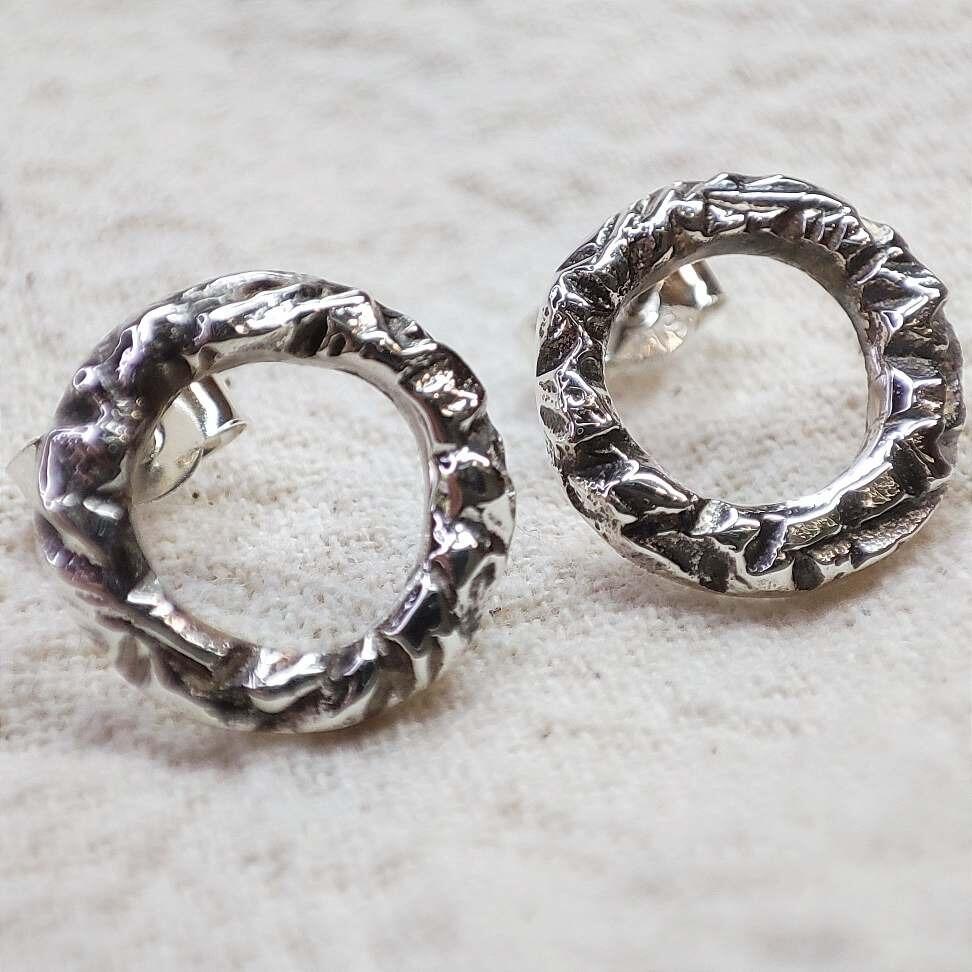 Sandcast Rustic Circular Earrings, handmade with recycled sterling silver