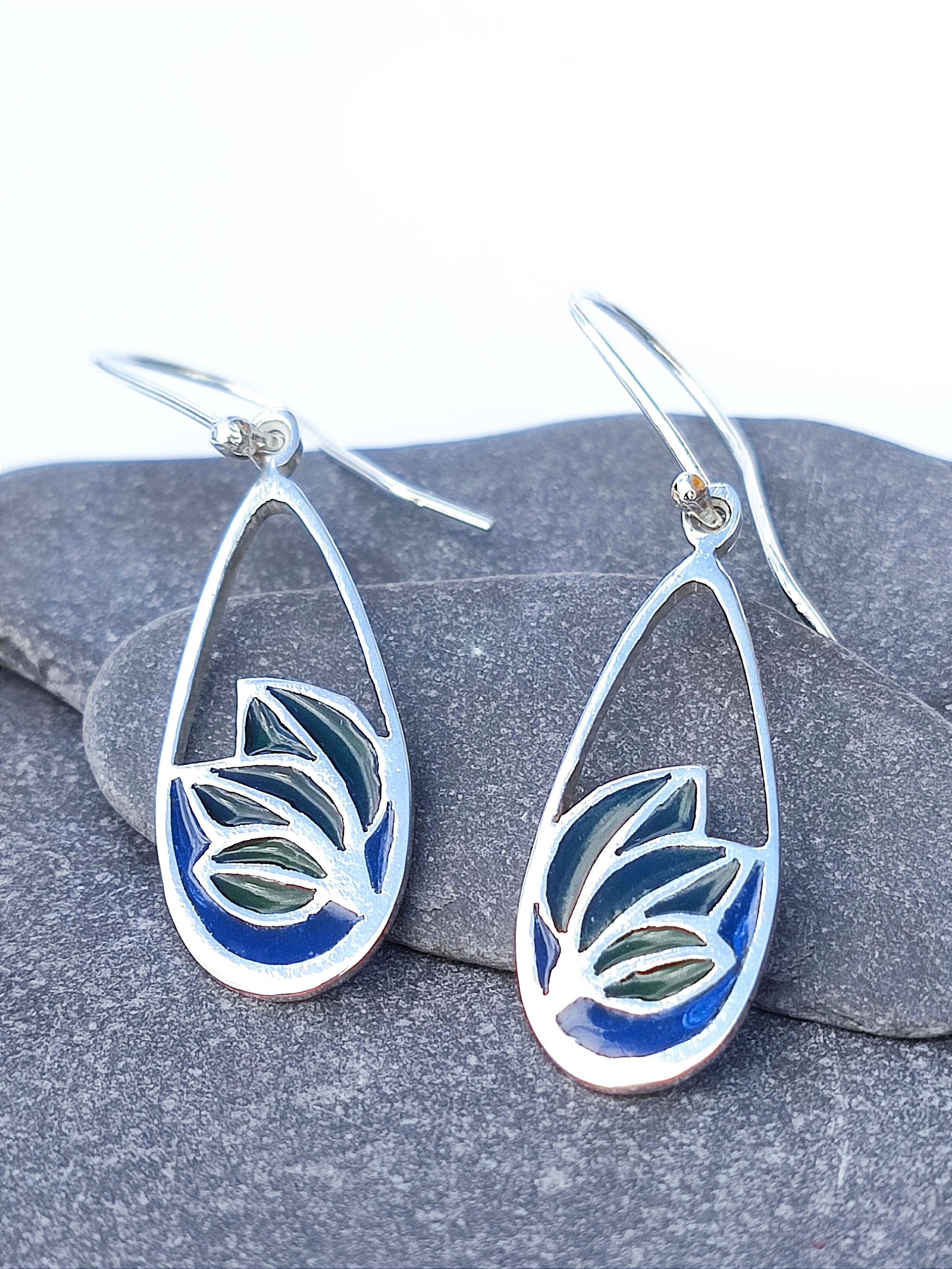 Sterling Silver Plique a Jour Leaf Drop Earrings